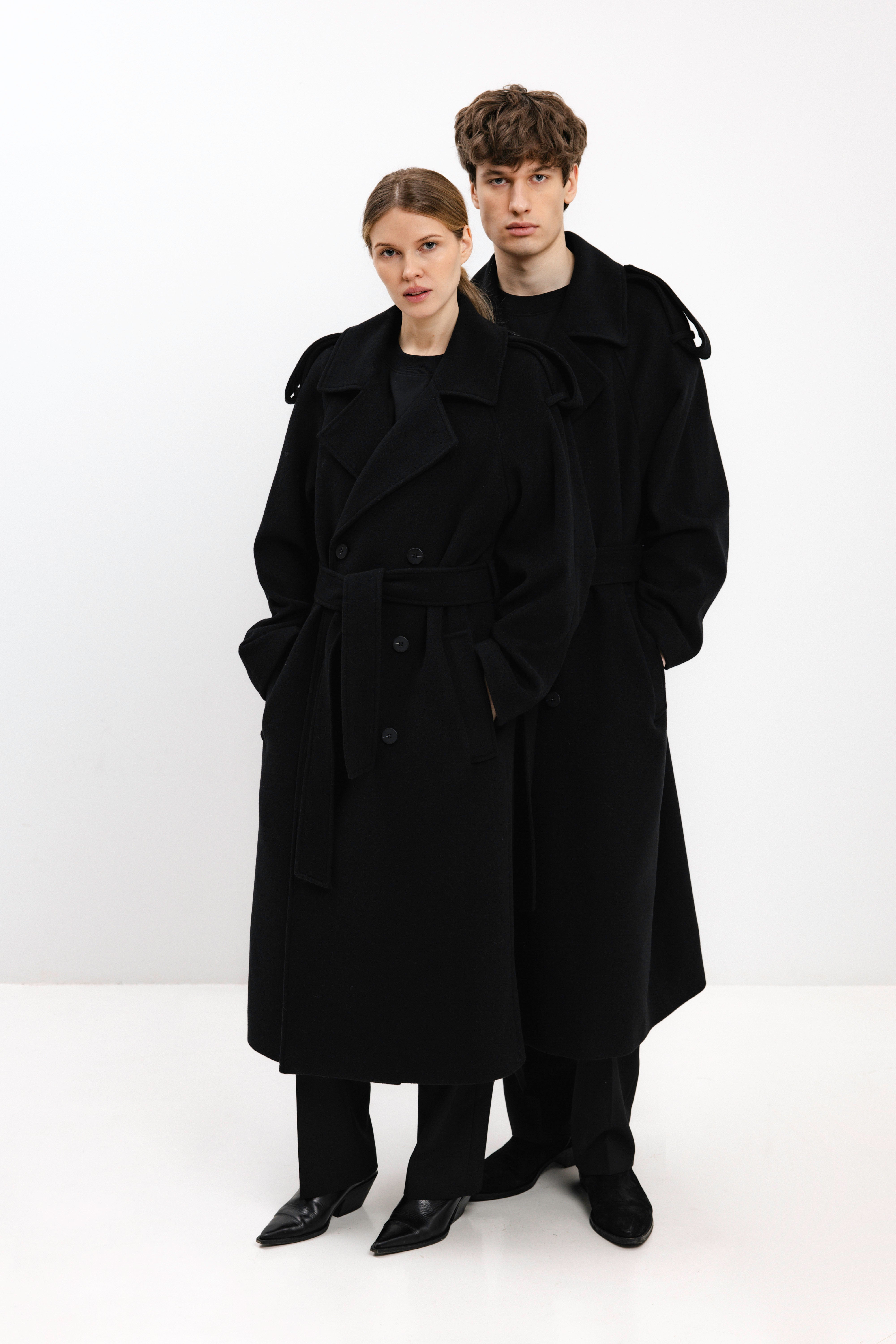 UNISEX LONG BLACK DOUBLE-BREASTED WOOL COAT – InAvati