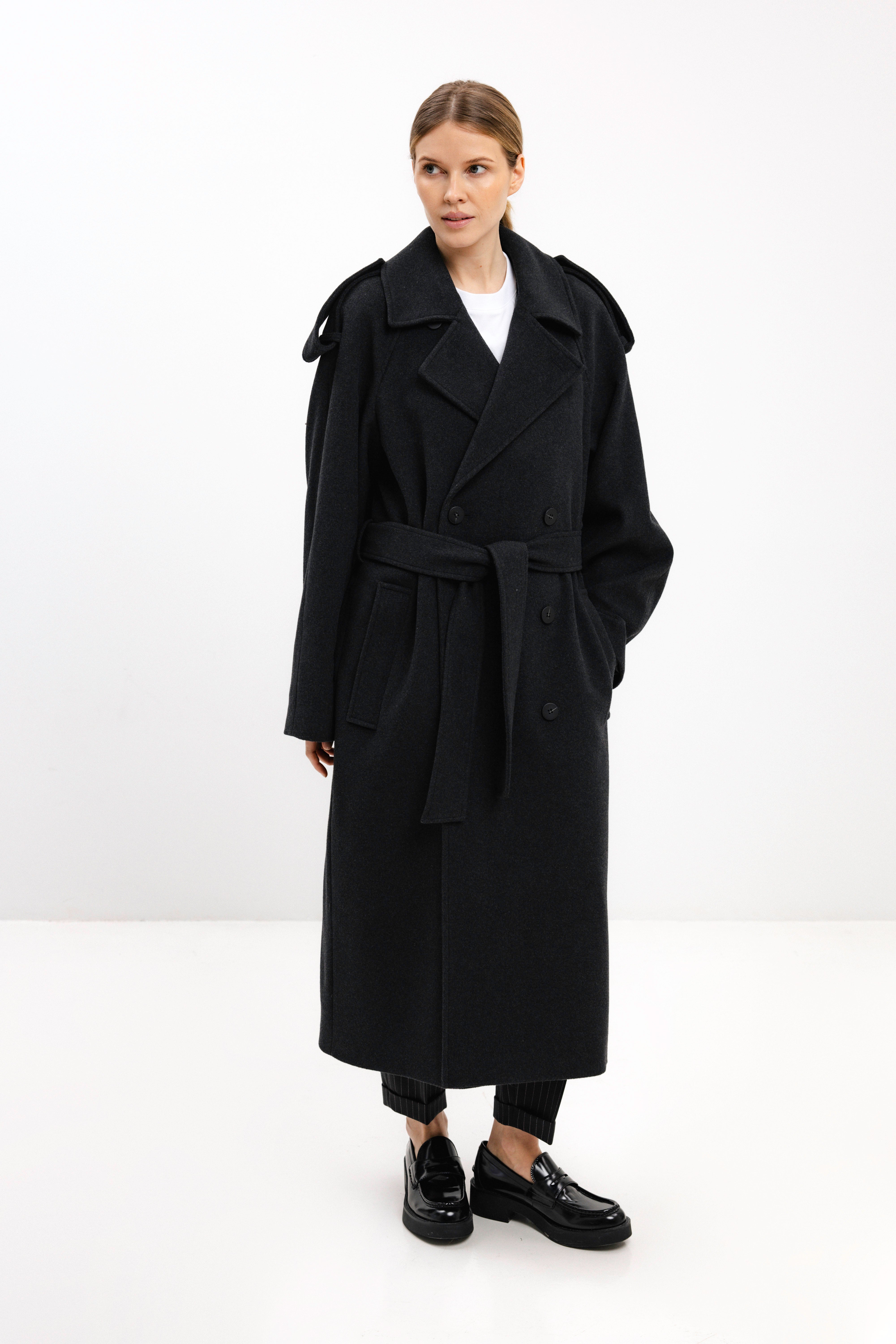 UNISEX LONG ANTHRACITE DOUBLE-BREASTED WOOL COAT