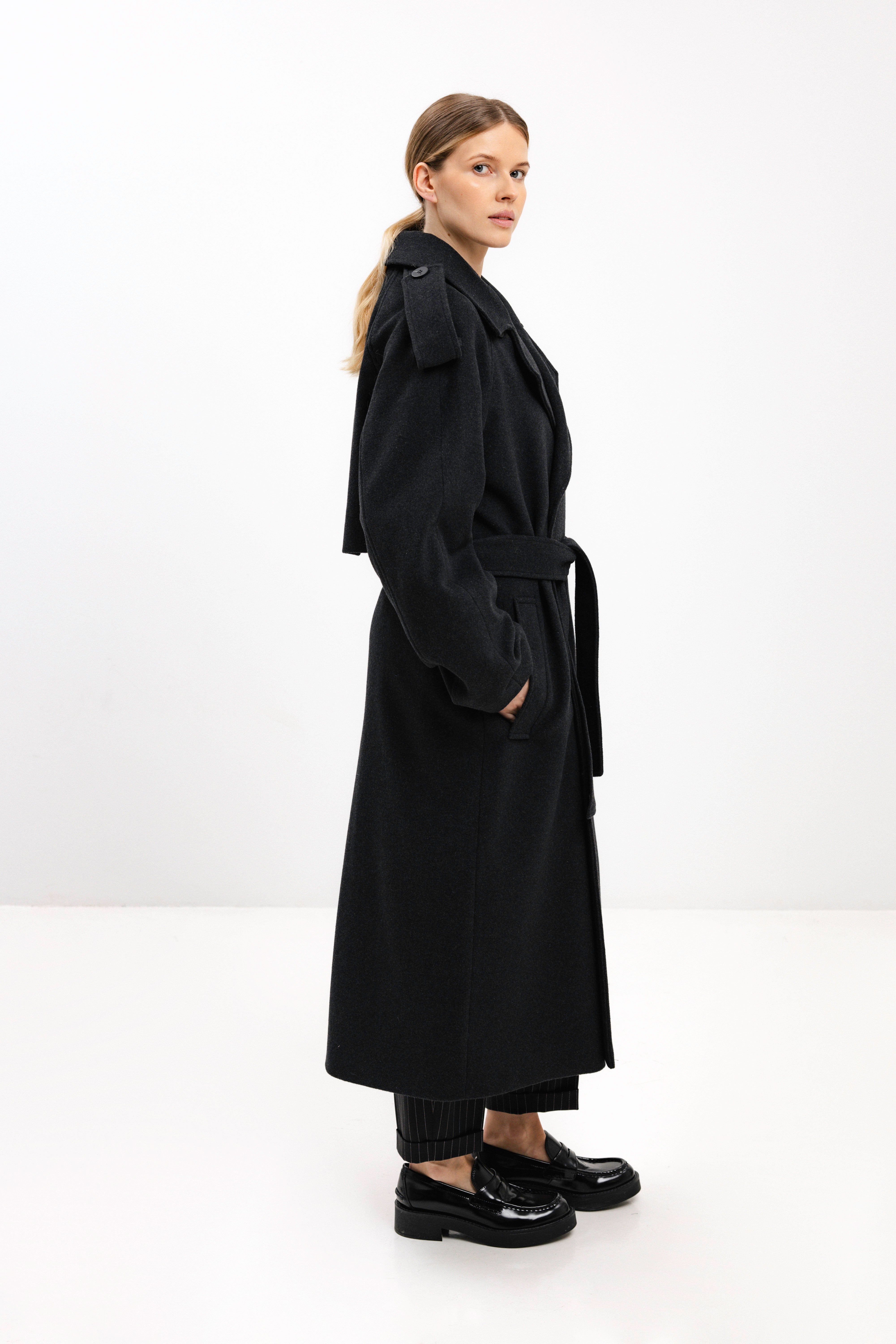 UNISEX LONG ANTHRACITE DOUBLE-BREASTED WOOL COAT
