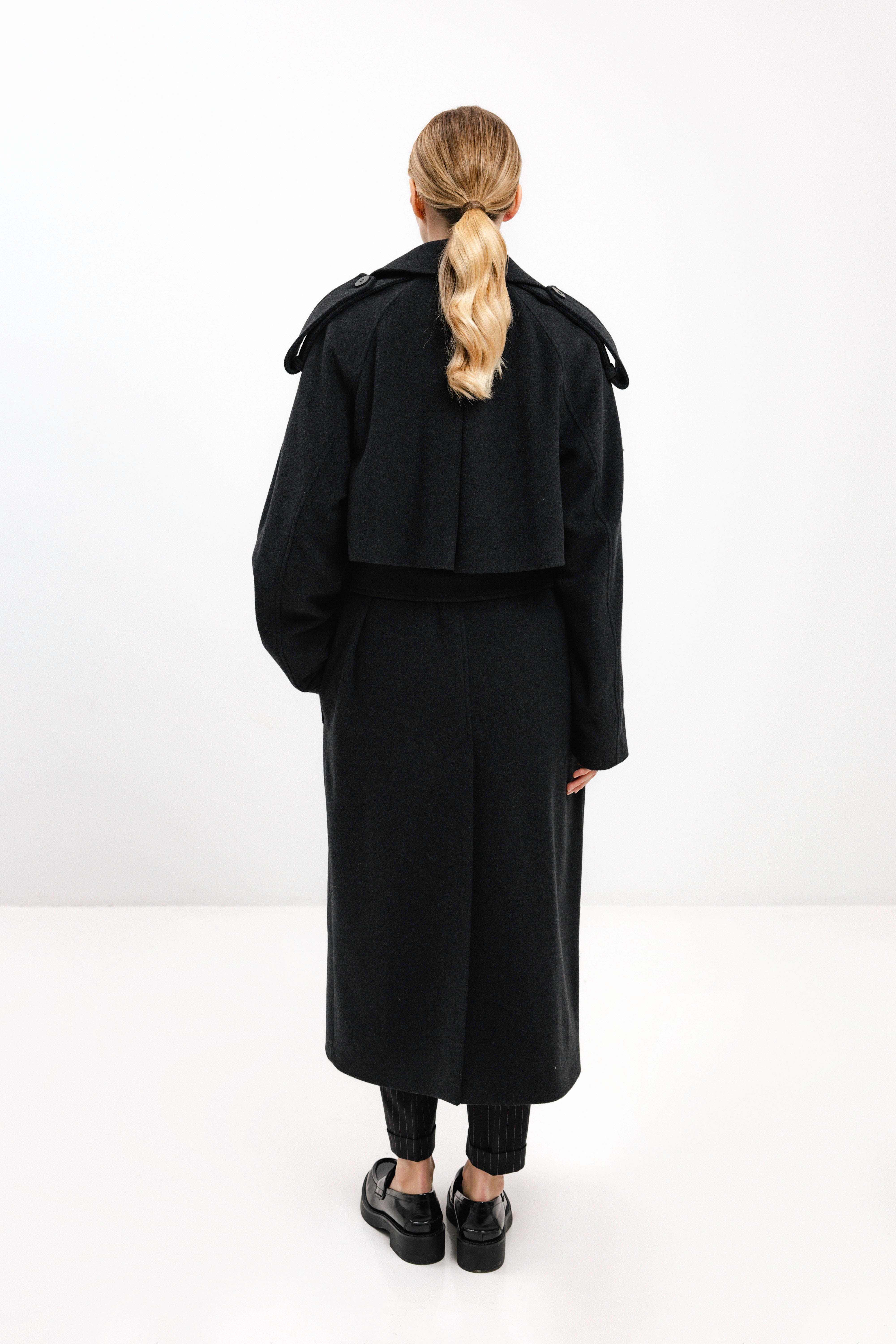 UNISEX LONG ANTHRACITE DOUBLE-BREASTED WOOL COAT