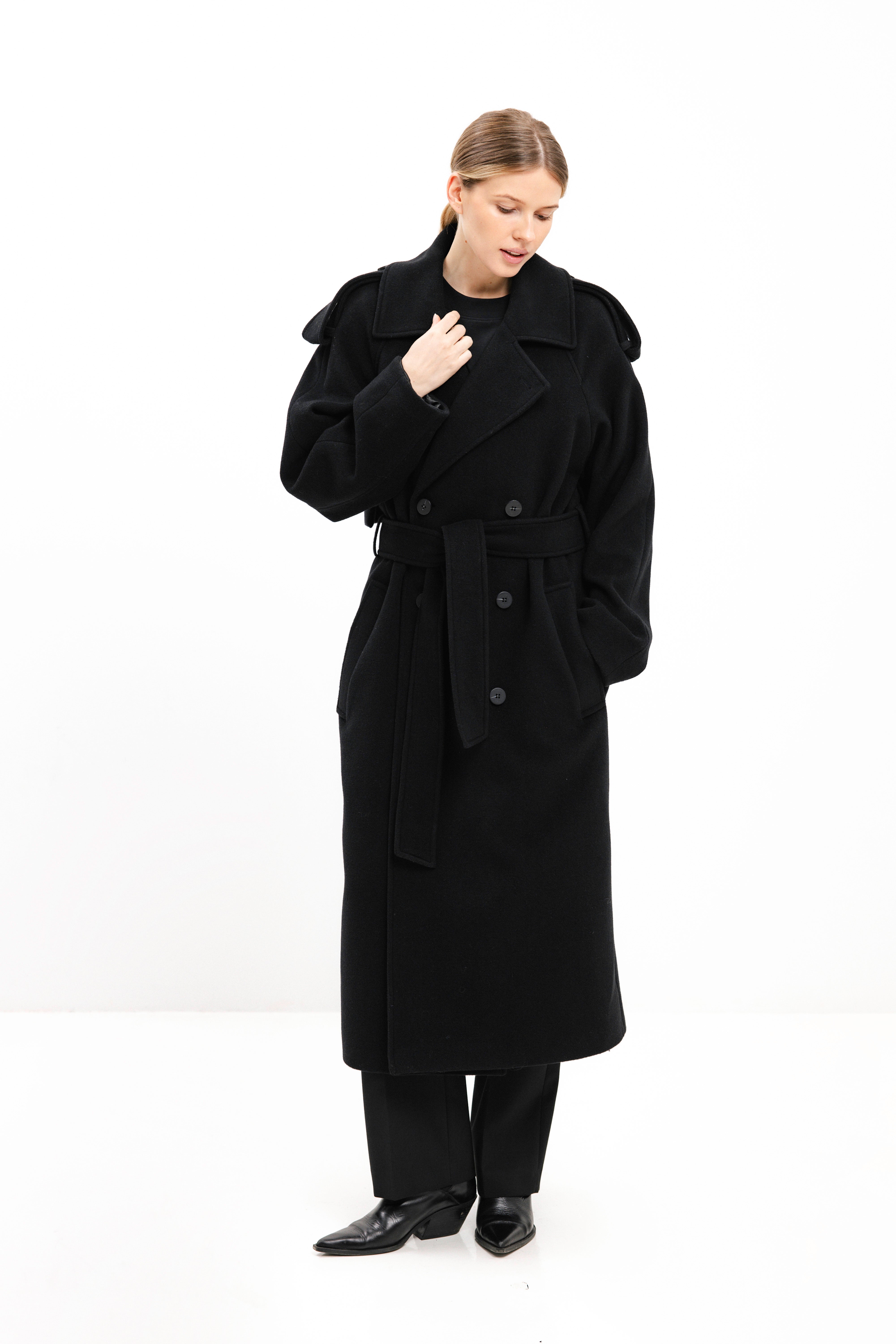 UNISEX LONG BLACK DOUBLE-BREASTED WOOL COAT