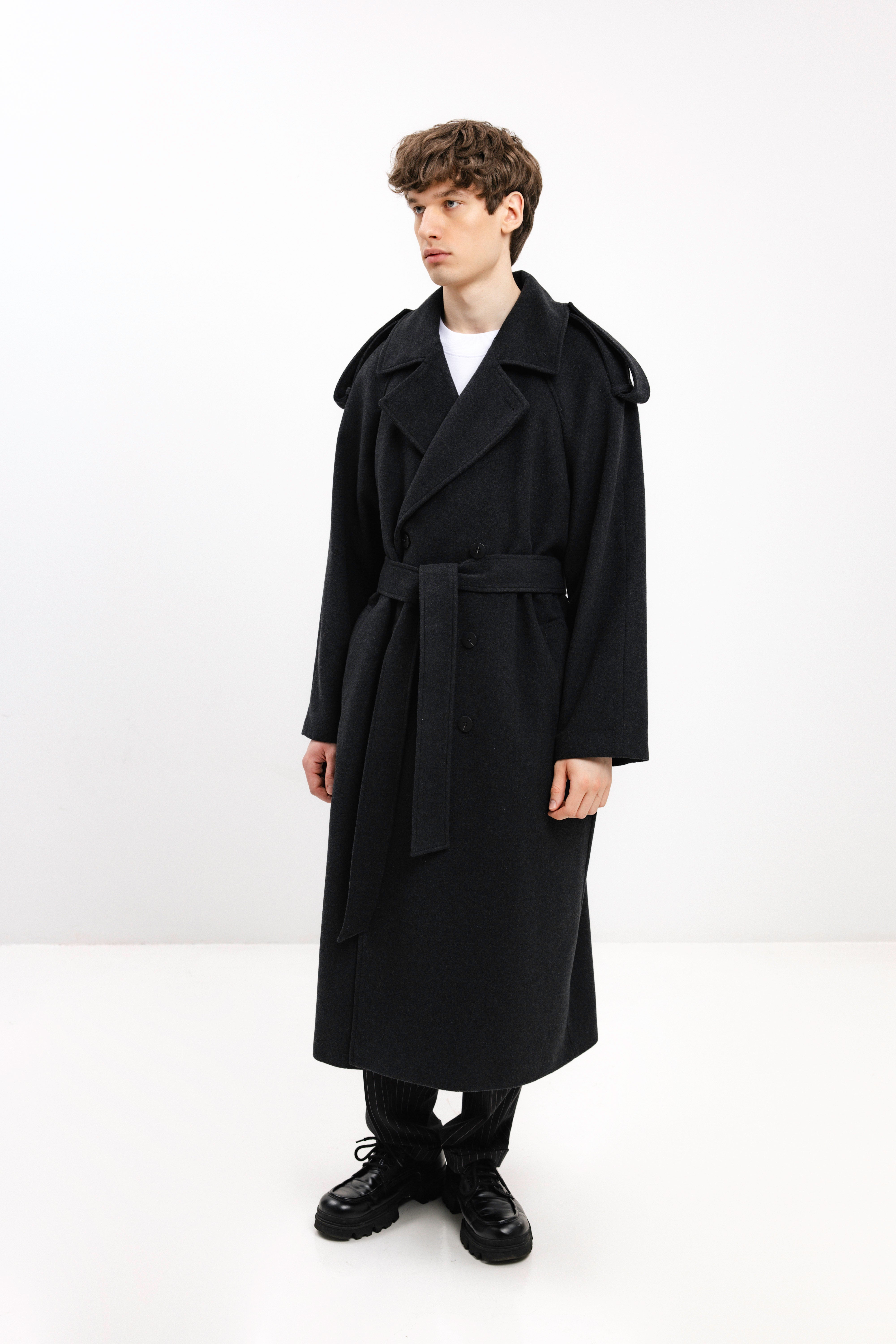 UNISEX LONG ANTHRACITE DOUBLE-BREASTED WOOL COAT