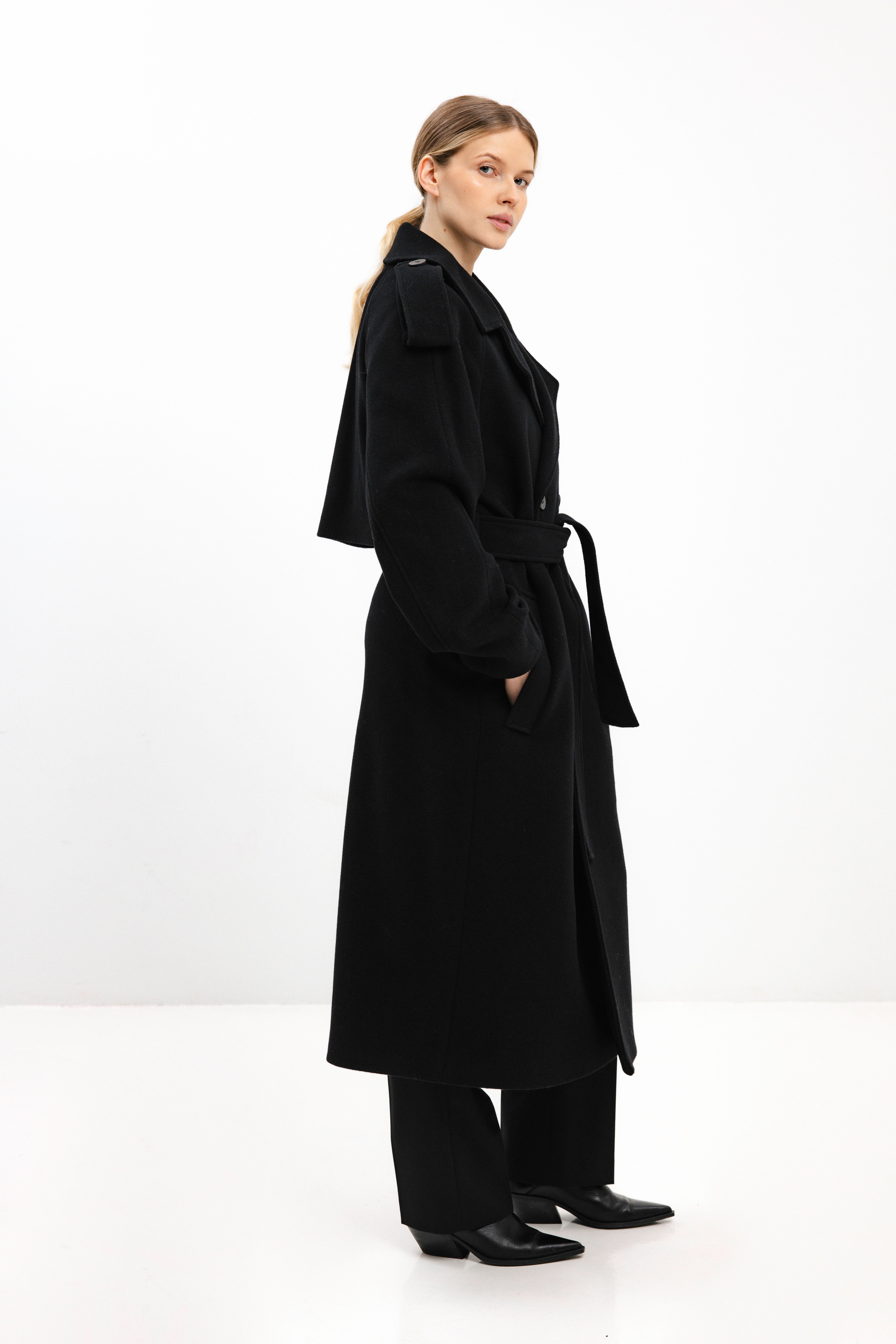 UNISEX LONG BLACK DOUBLE-BREASTED WOOL COAT