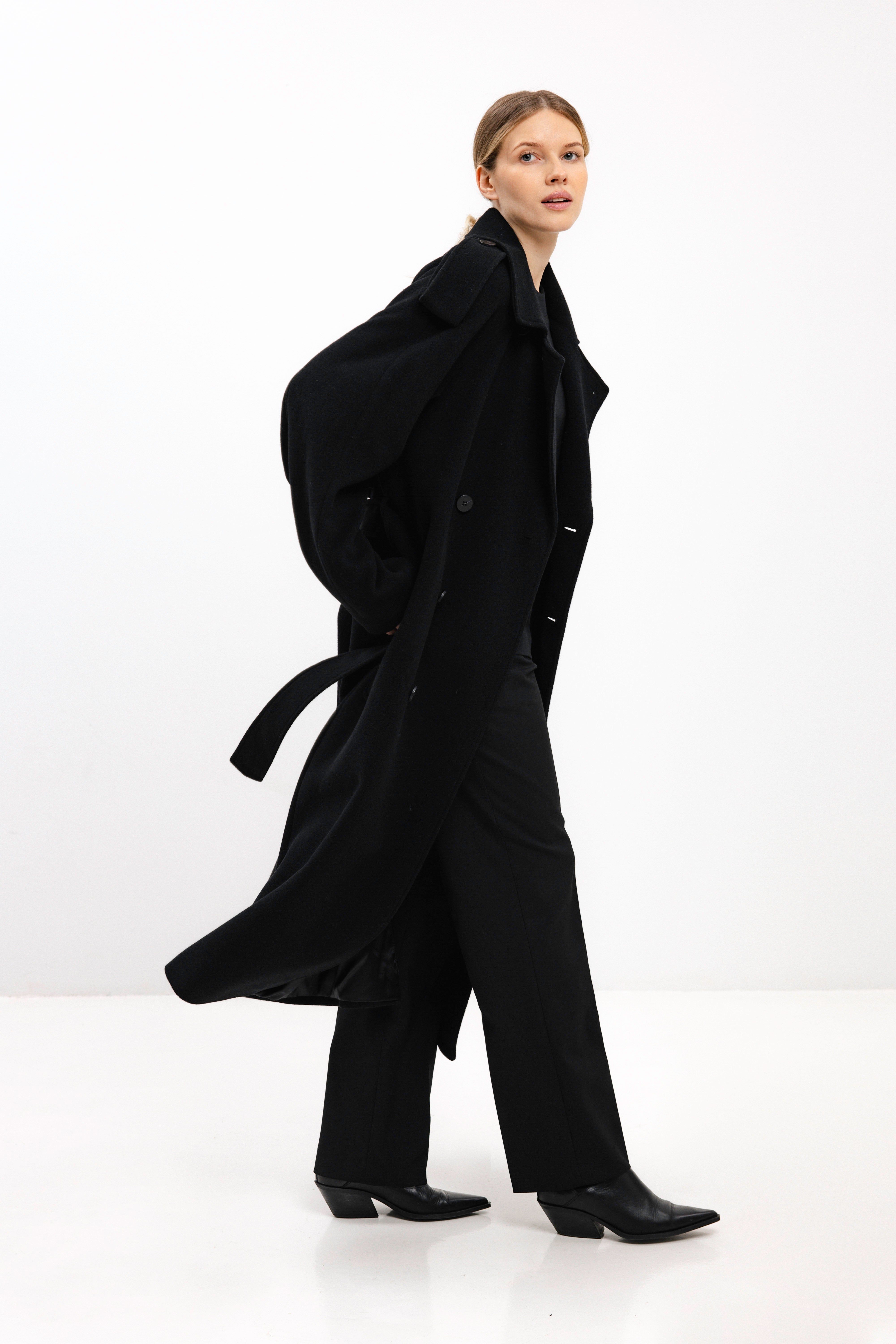 UNISEX LONG BLACK DOUBLE-BREASTED WOOL COAT