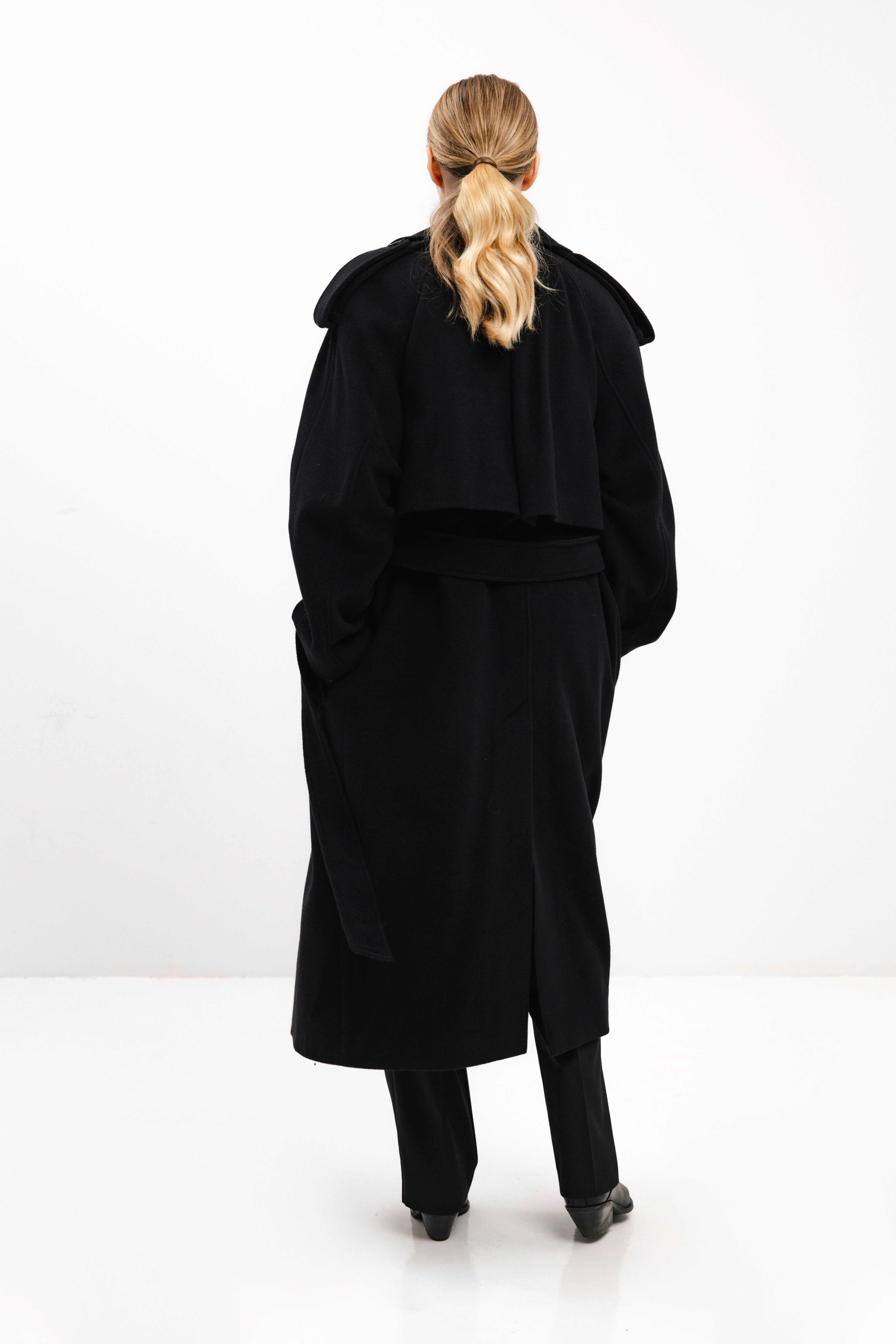 UNISEX LONG BLACK DOUBLE-BREASTED WOOL COAT