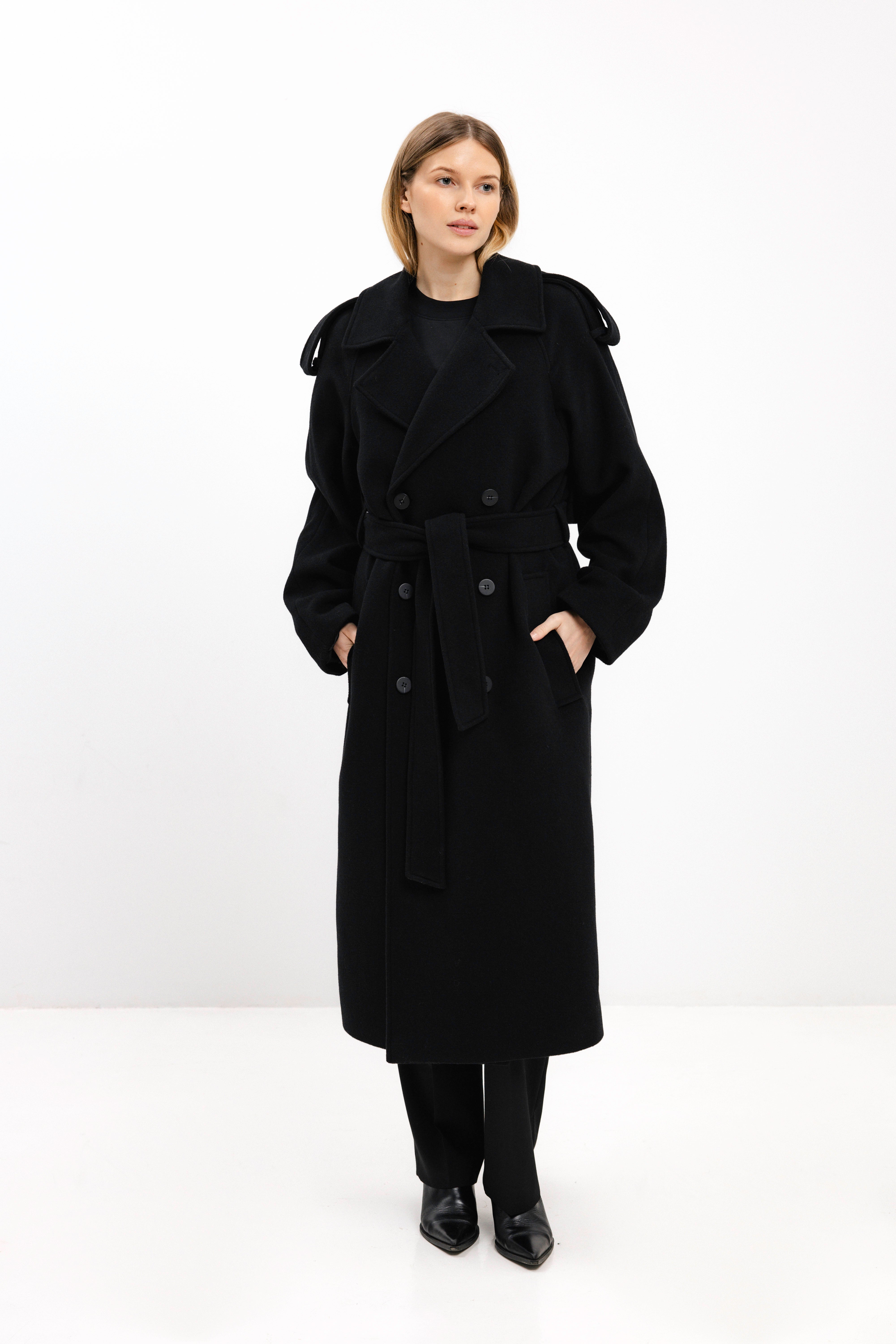 UNISEX LONG BLACK DOUBLE-BREASTED WOOL COAT