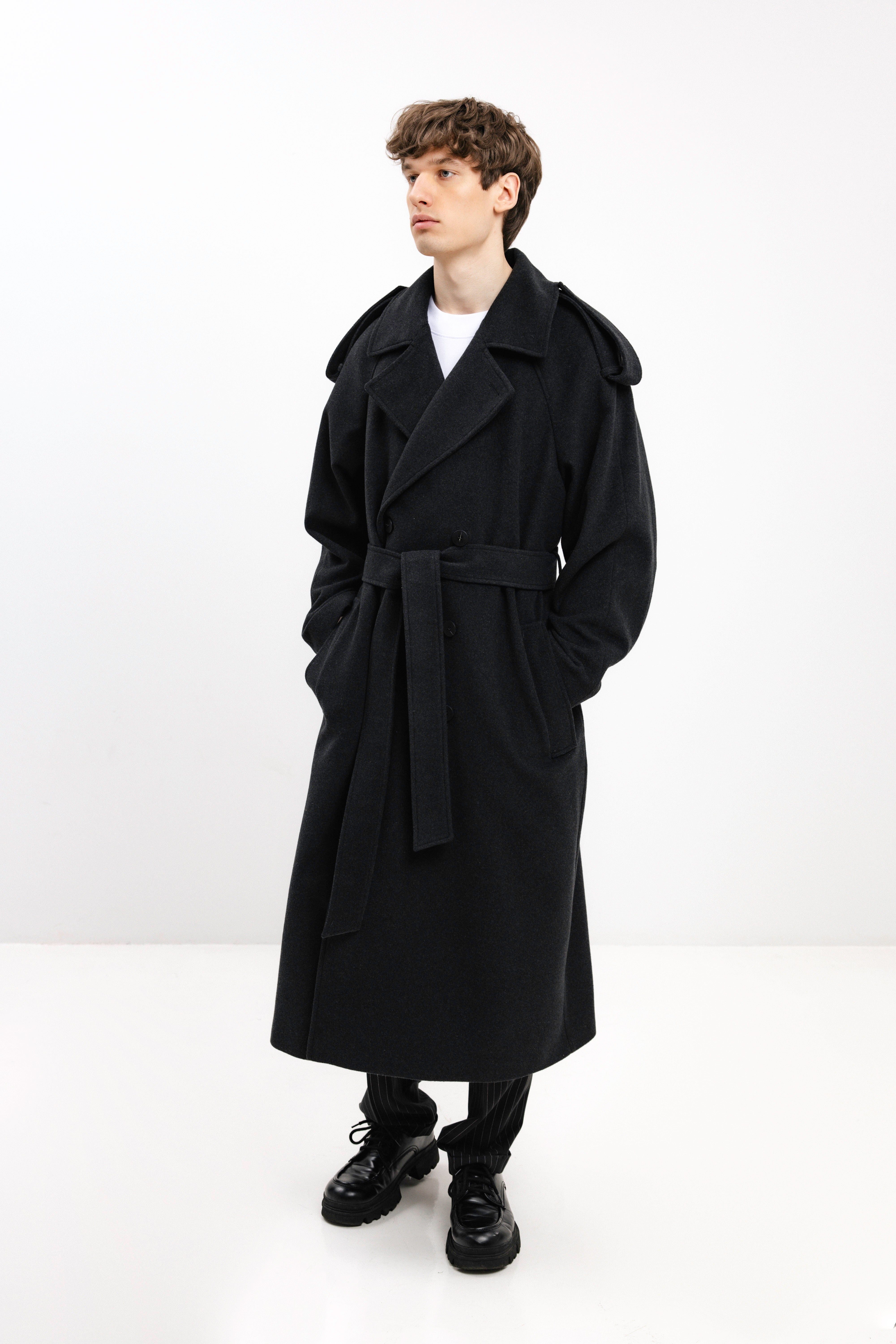 UNISEX LONG ANTHRACITE DOUBLE-BREASTED WOOL COAT