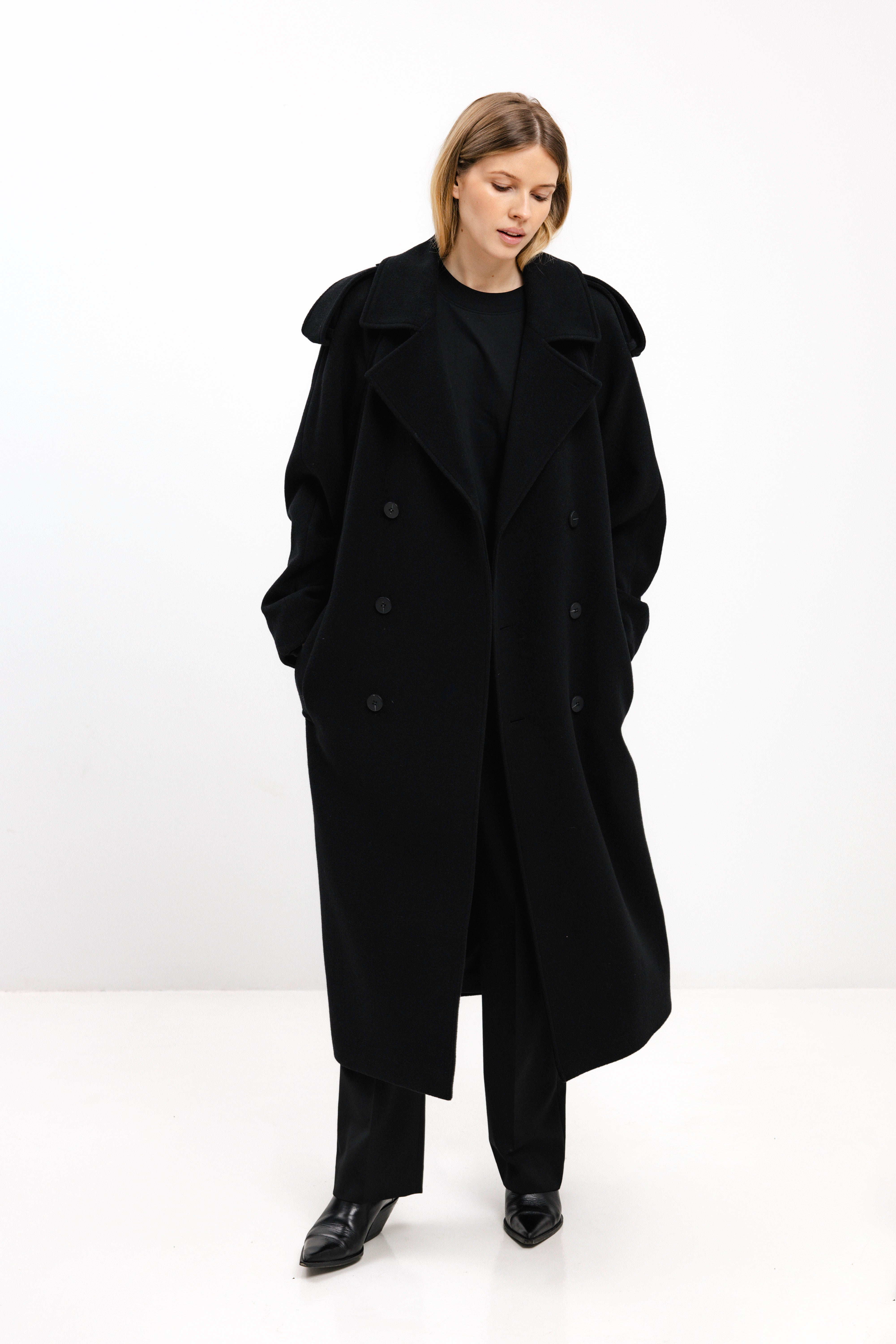 UNISEX LONG BLACK DOUBLE-BREASTED WOOL COAT