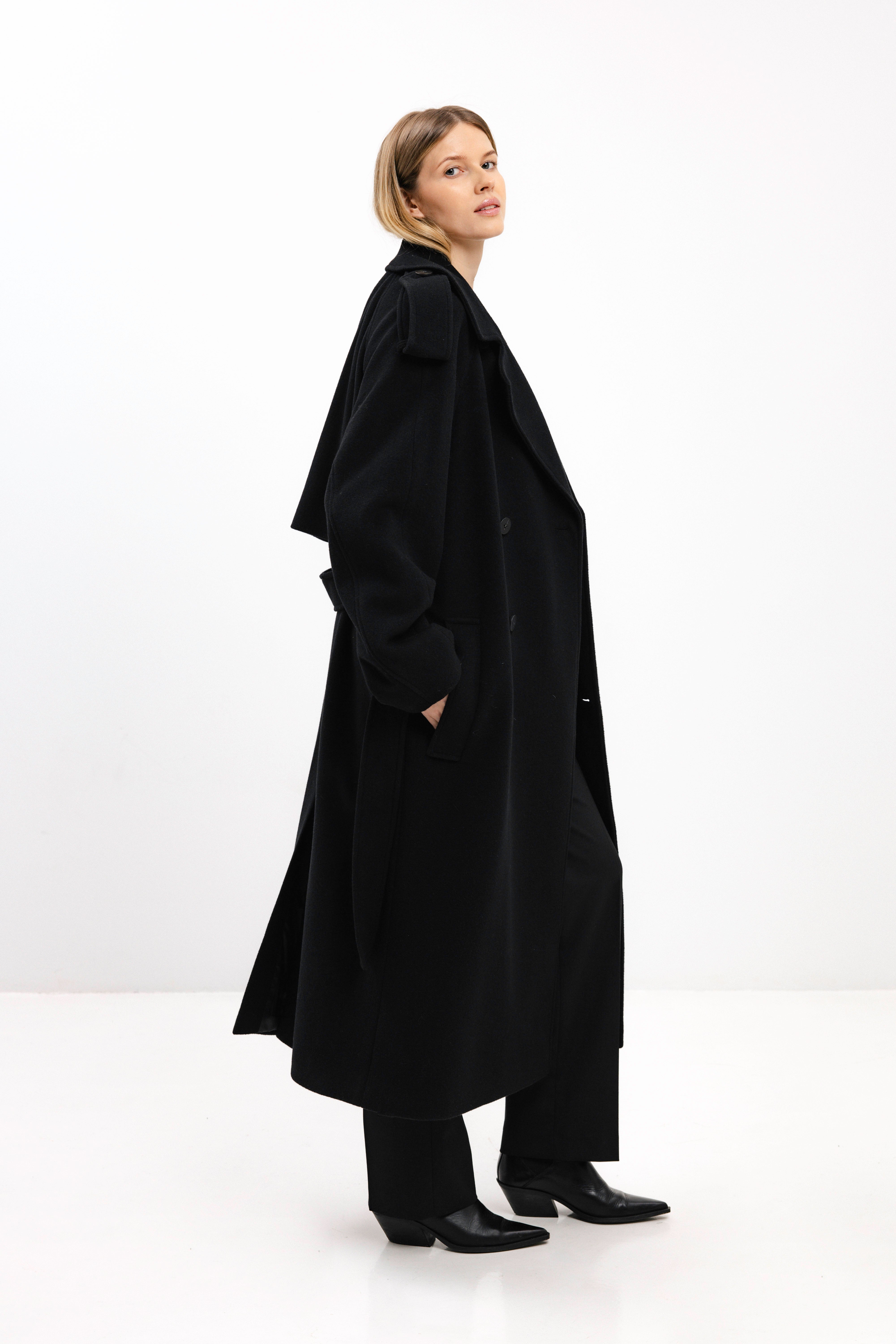 UNISEX LONG BLACK DOUBLE-BREASTED WOOL COAT