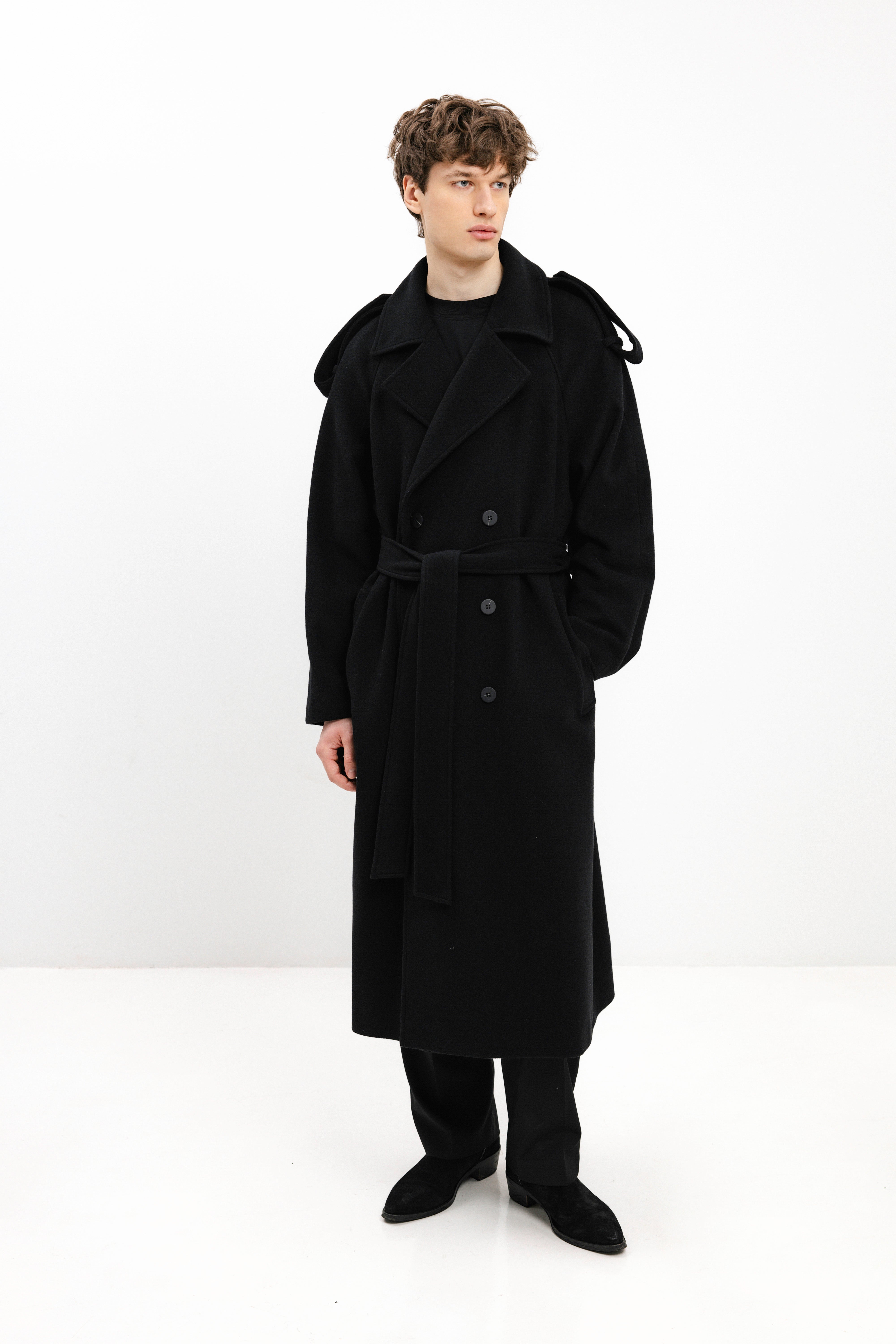 UNISEX LONG BLACK DOUBLE-BREASTED WOOL COAT
