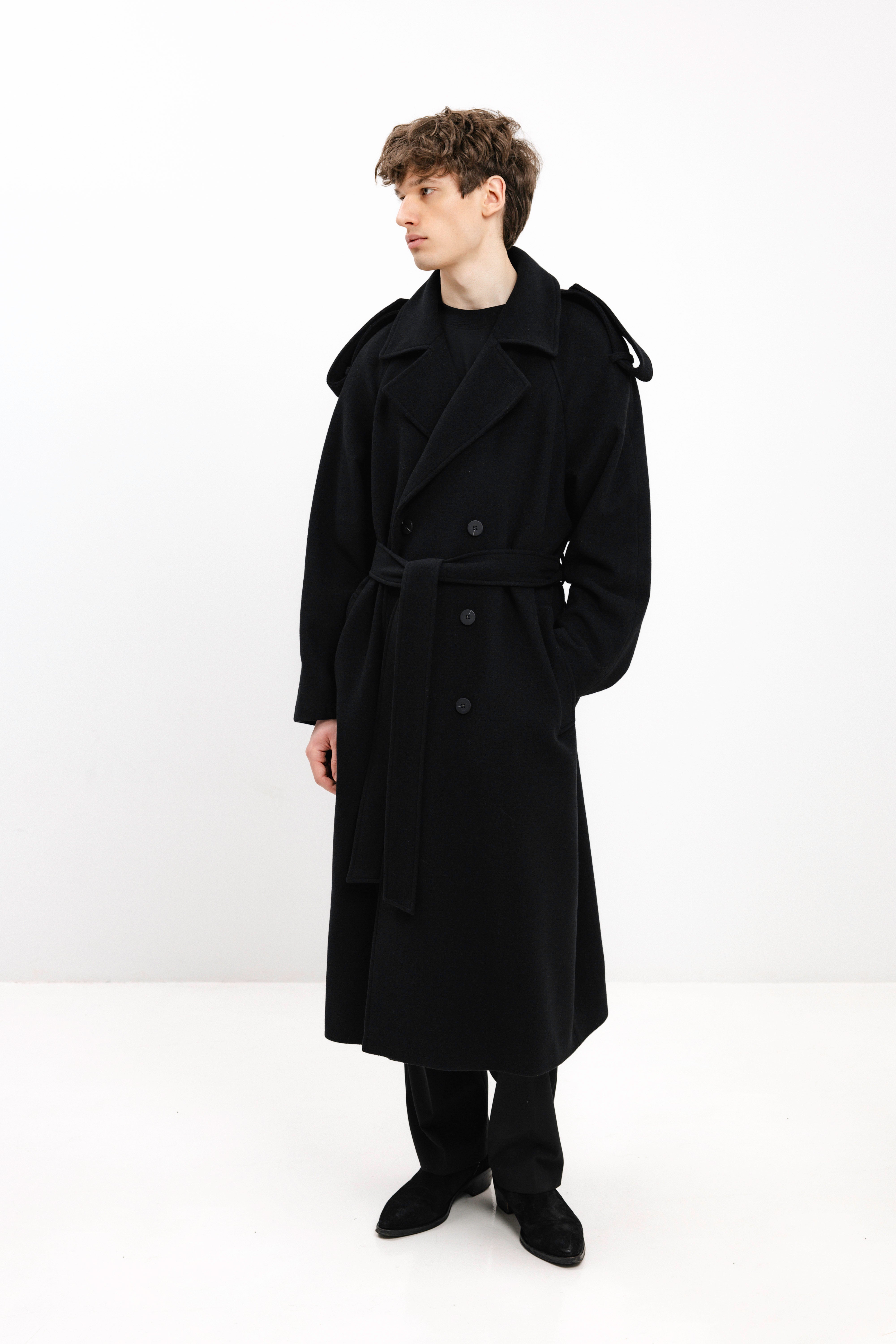 UNISEX LONG BLACK DOUBLE-BREASTED WOOL COAT