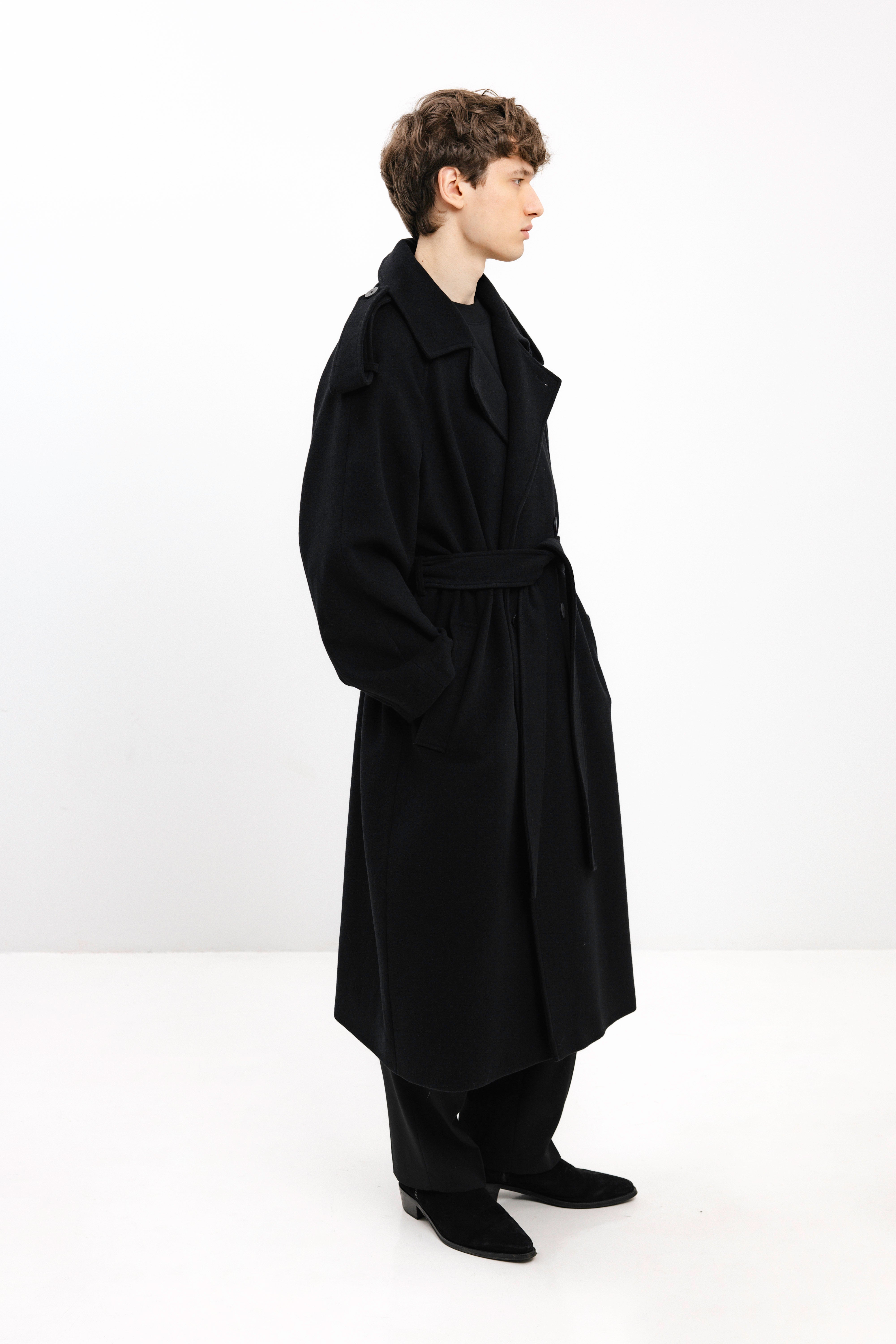 UNISEX LONG BLACK DOUBLE-BREASTED WOOL COAT