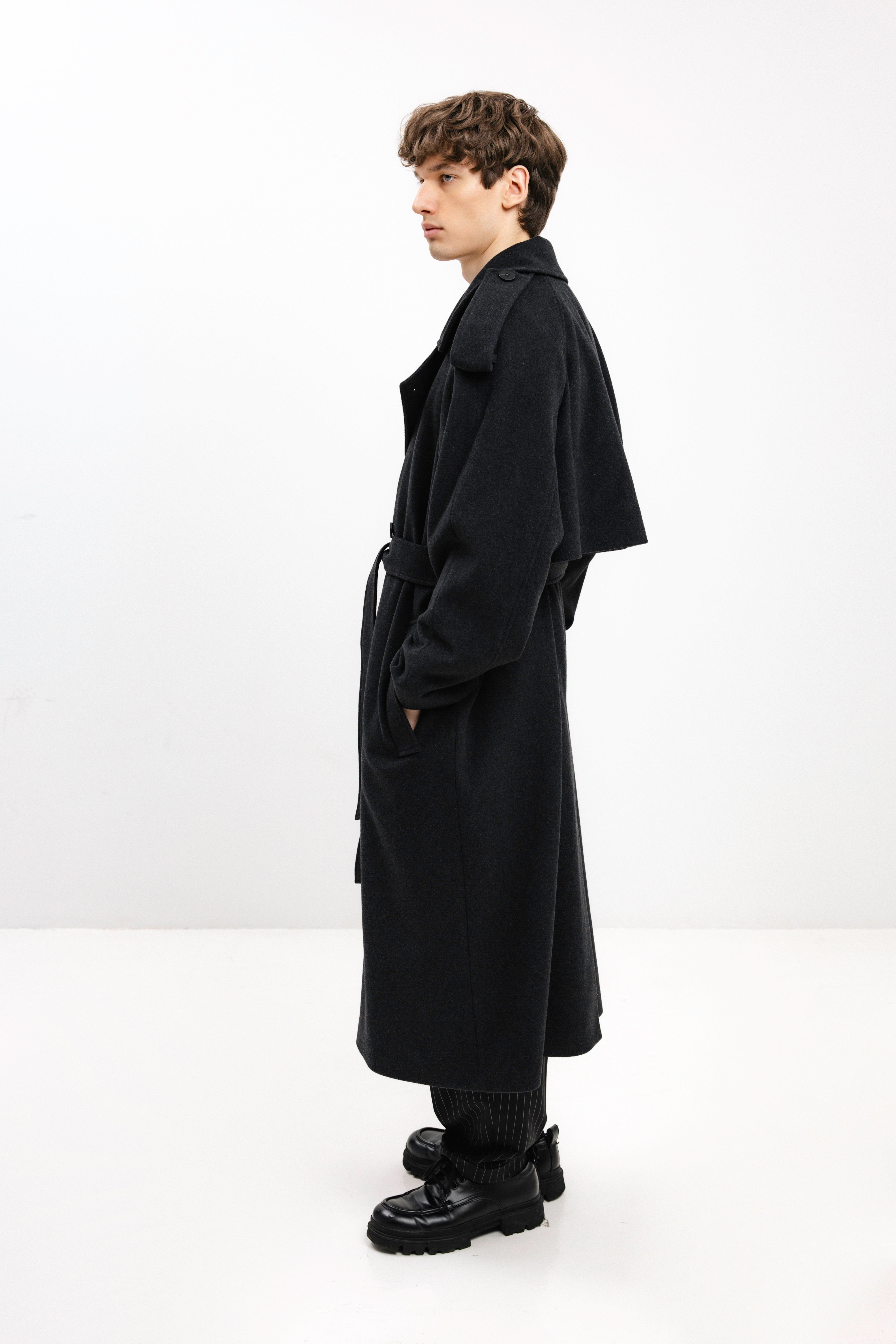 UNISEX LONG ANTHRACITE DOUBLE-BREASTED WOOL COAT