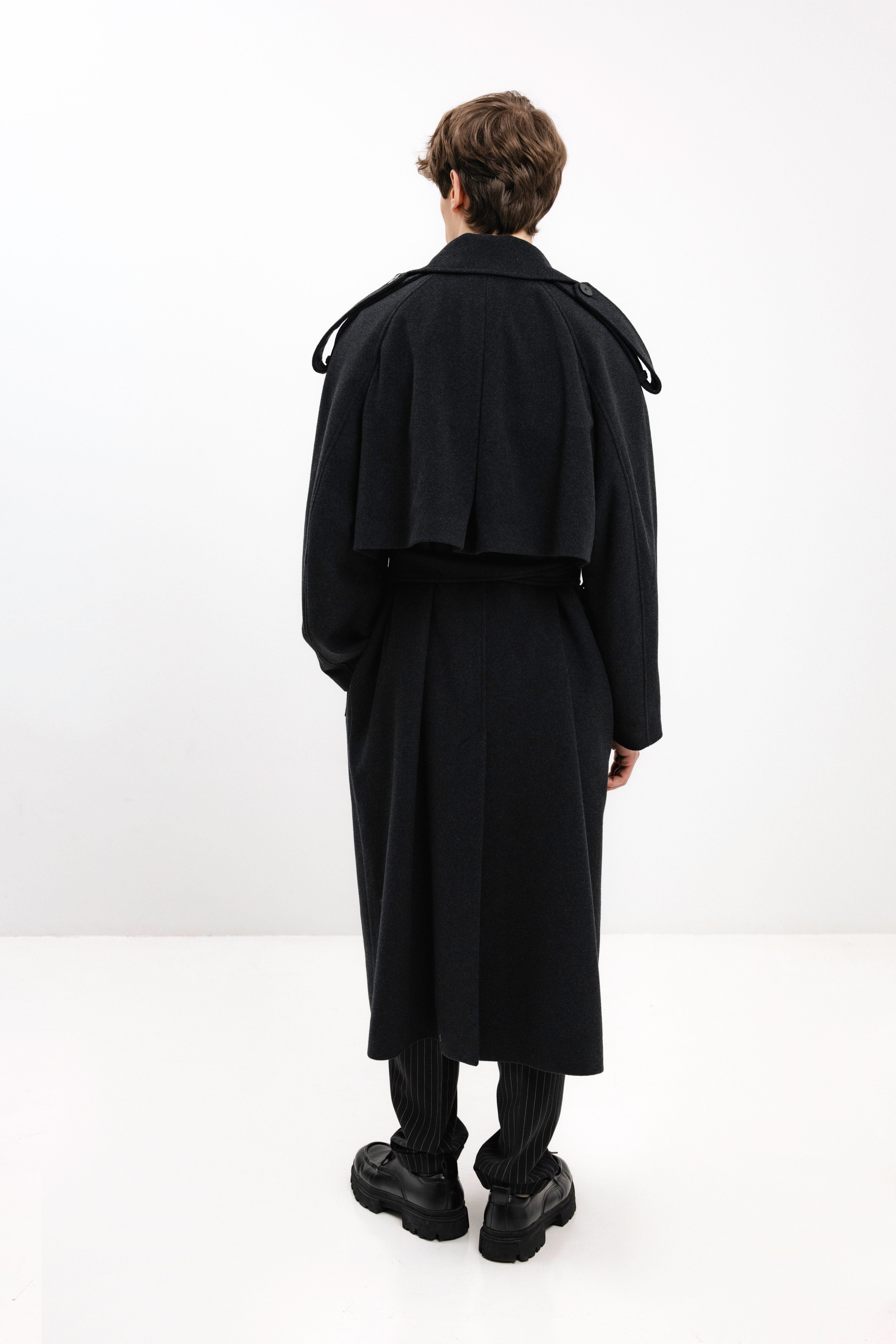 UNISEX LONG ANTHRACITE DOUBLE-BREASTED WOOL COAT