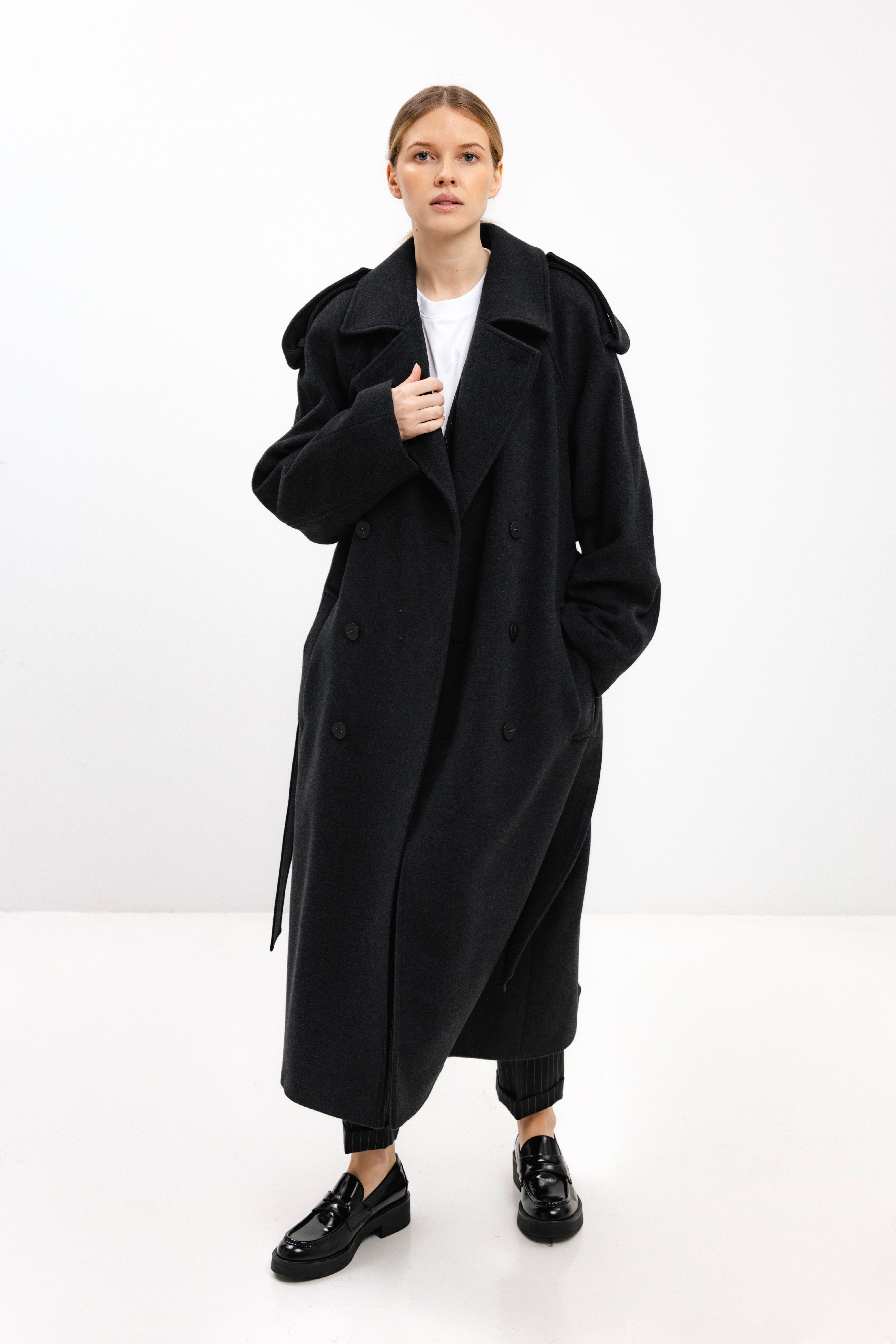 UNISEX LONG ANTHRACITE DOUBLE-BREASTED WOOL COAT