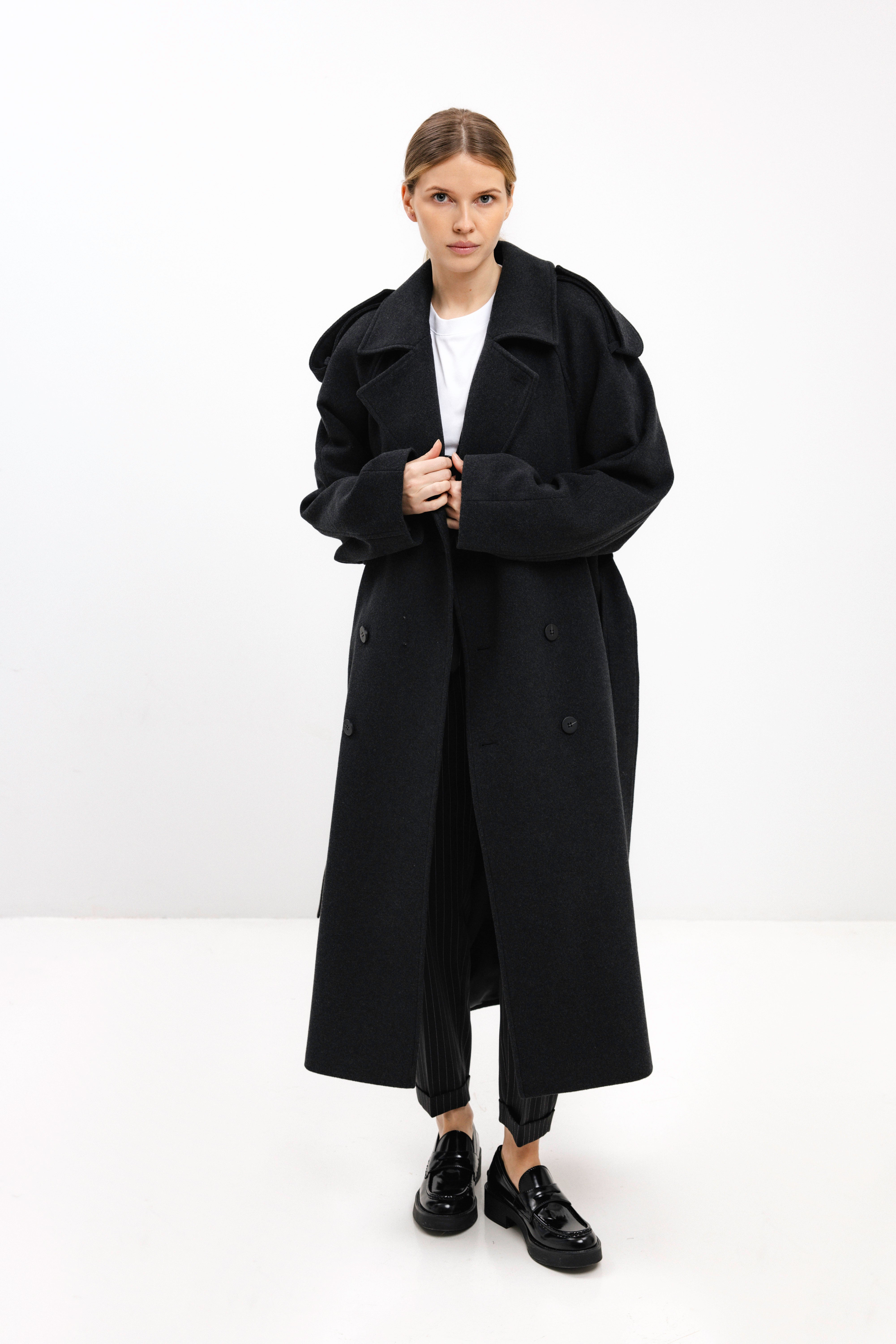 UNISEX LONG ANTHRACITE DOUBLE-BREASTED WOOL COAT