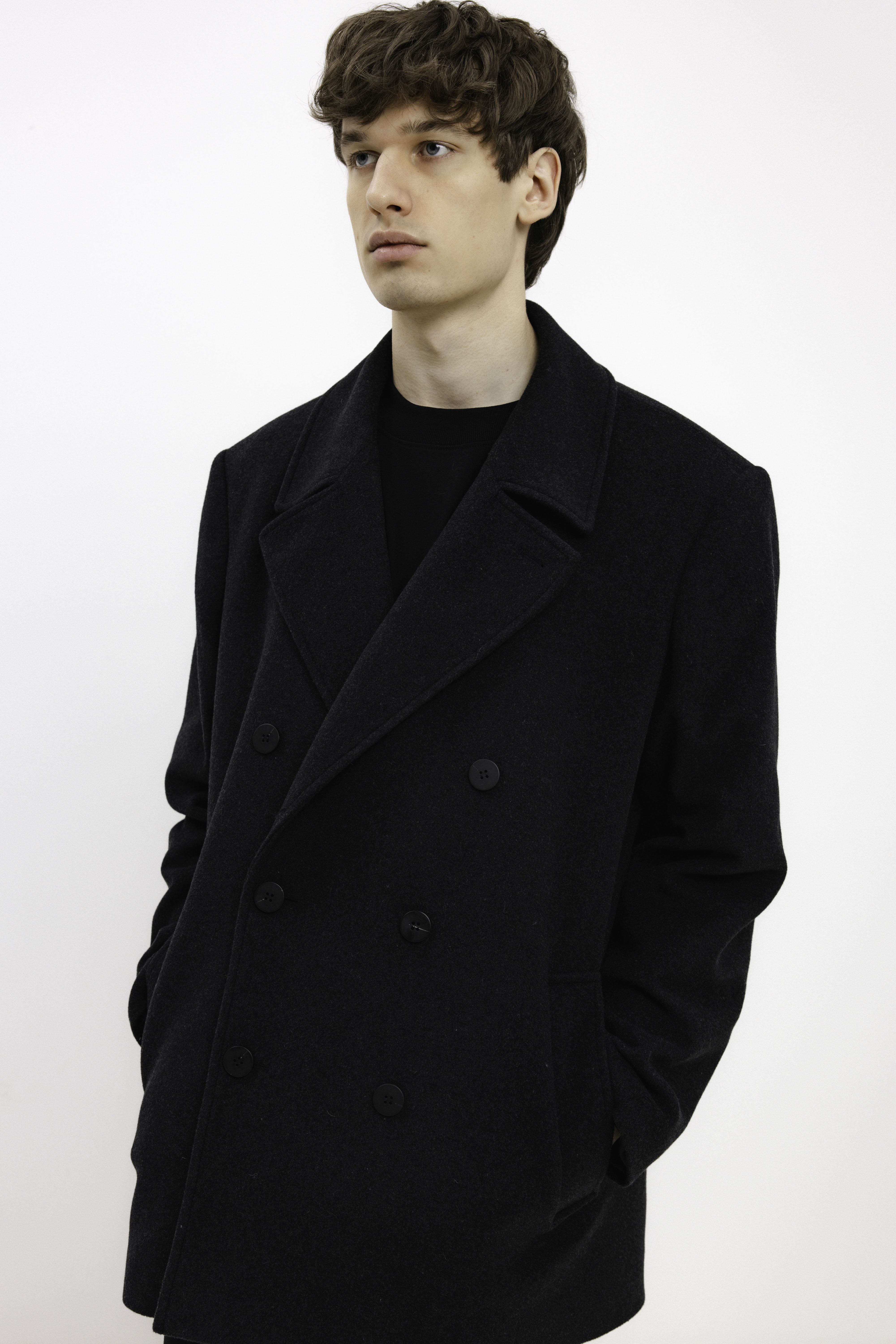 UNISEX ANTHRACITE DOUBLE-BREASTED WOOL COAT
