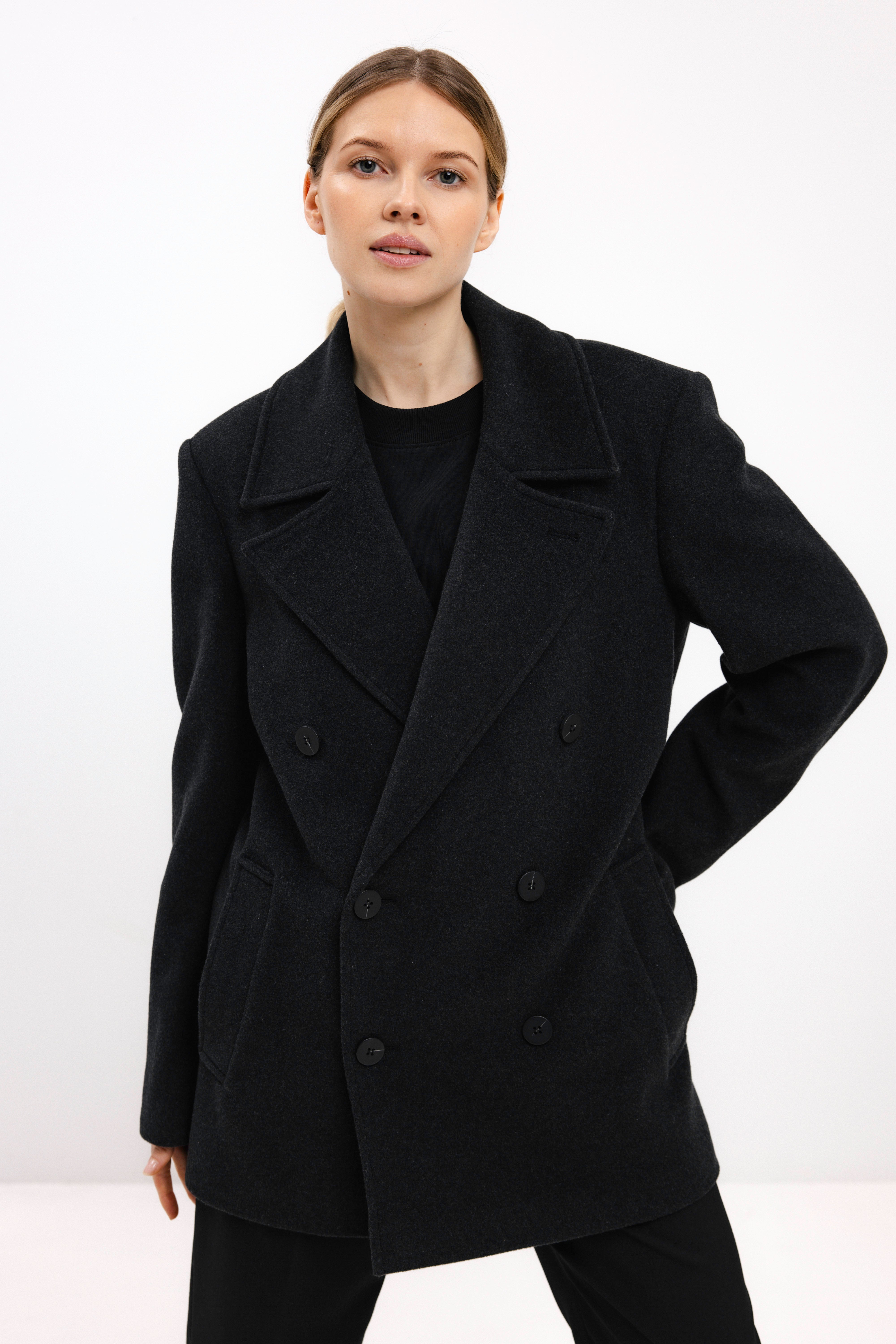 UNISEX ANTHRACITE DOUBLE-BREASTED WOOL COAT
