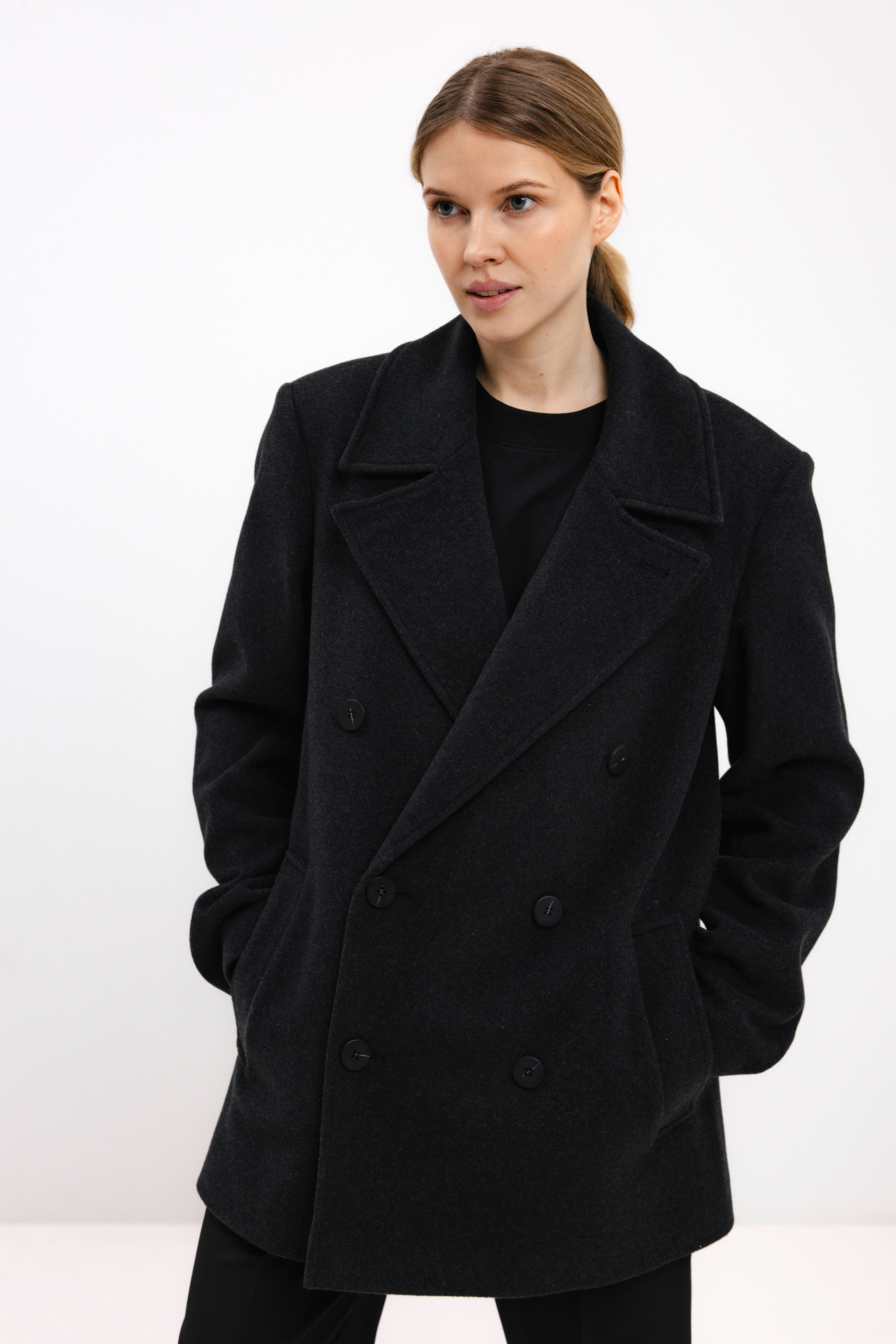 UNISEX ANTHRACITE DOUBLE-BREASTED WOOL COAT