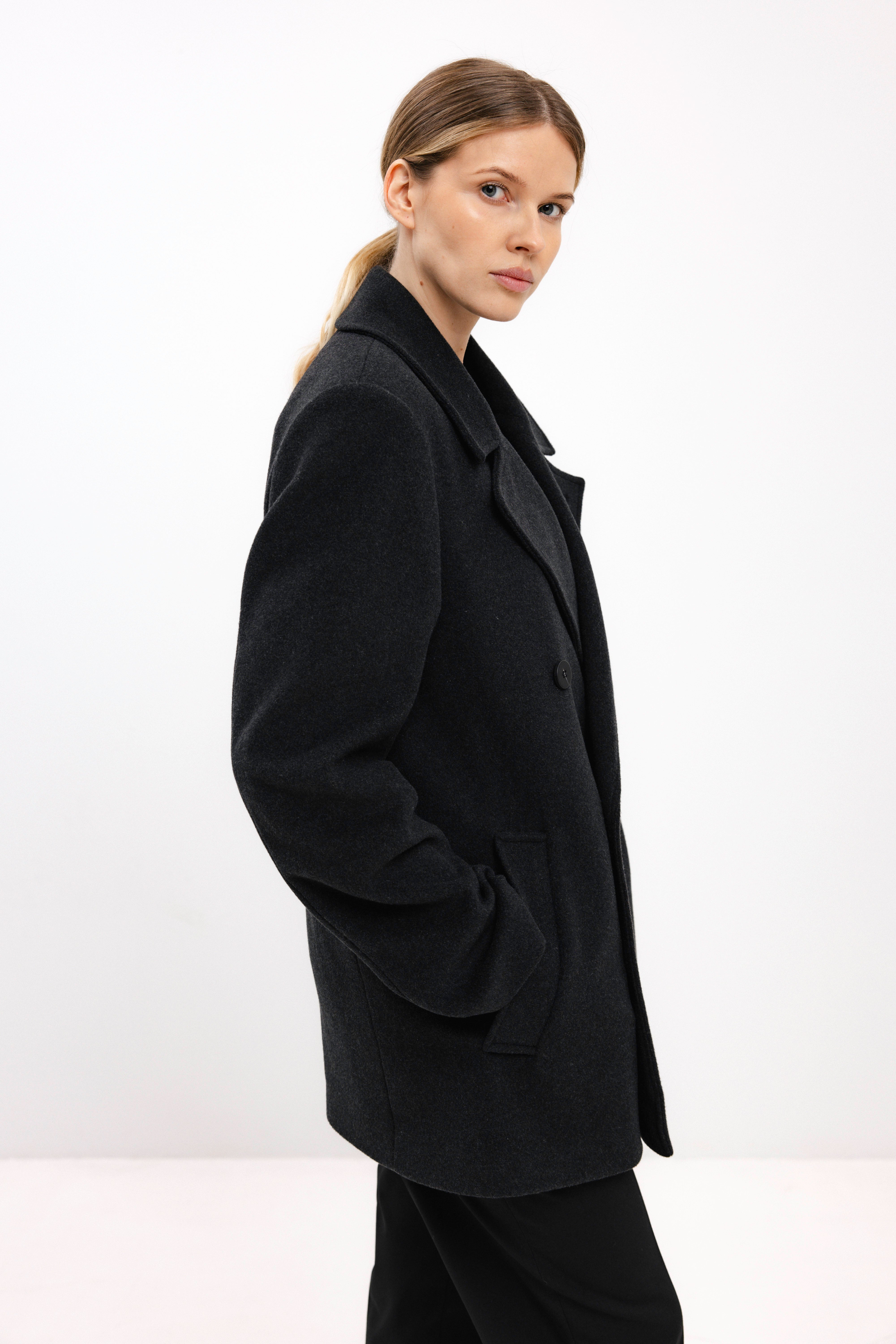 UNISEX ANTHRACITE DOUBLE-BREASTED WOOL COAT