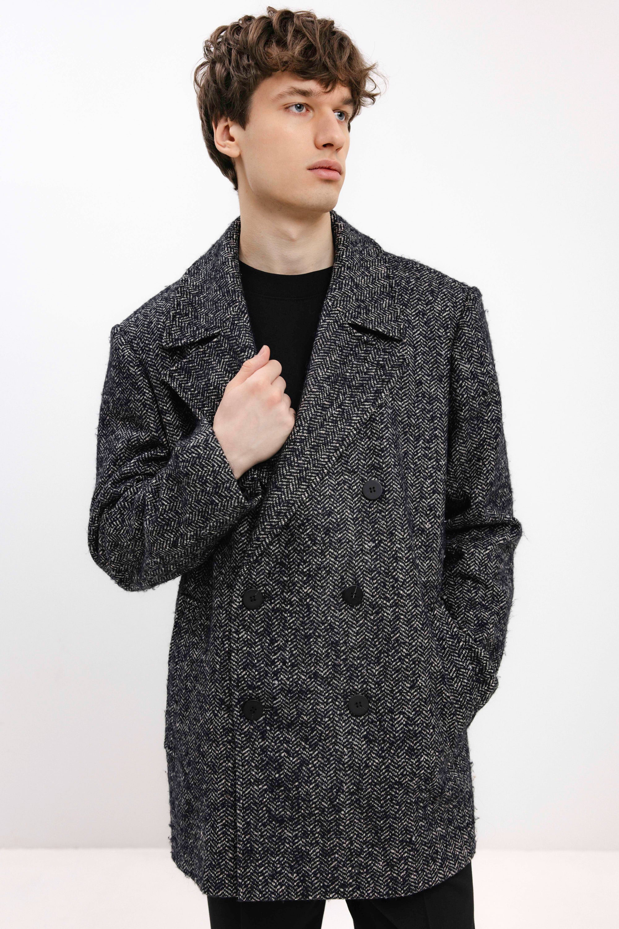 UNISEX DOUBLE-BREASTED WOOL COAT IN HERRINGBONE PATTERN