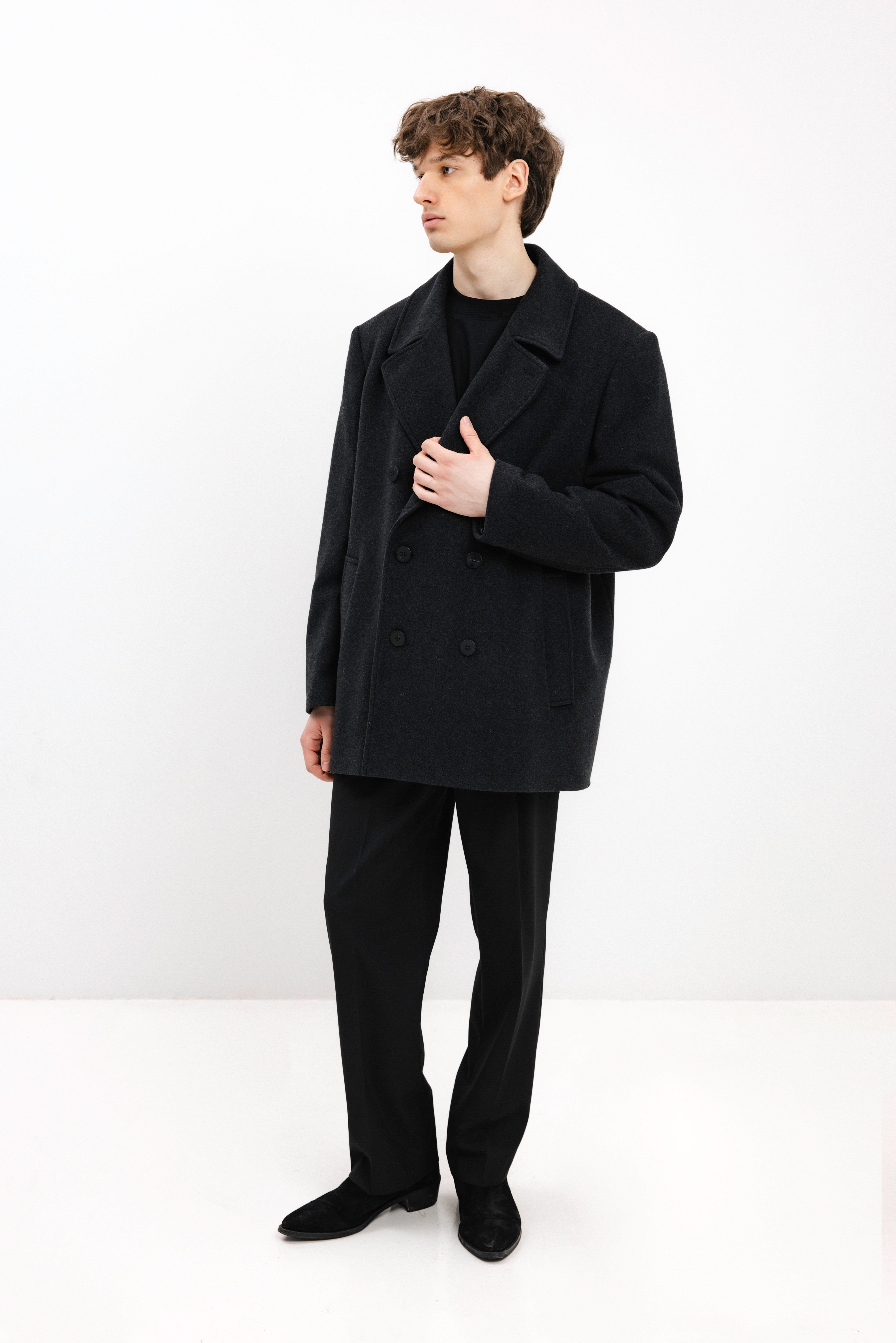 UNISEX ANTHRACITE DOUBLE-BREASTED WOOL COAT