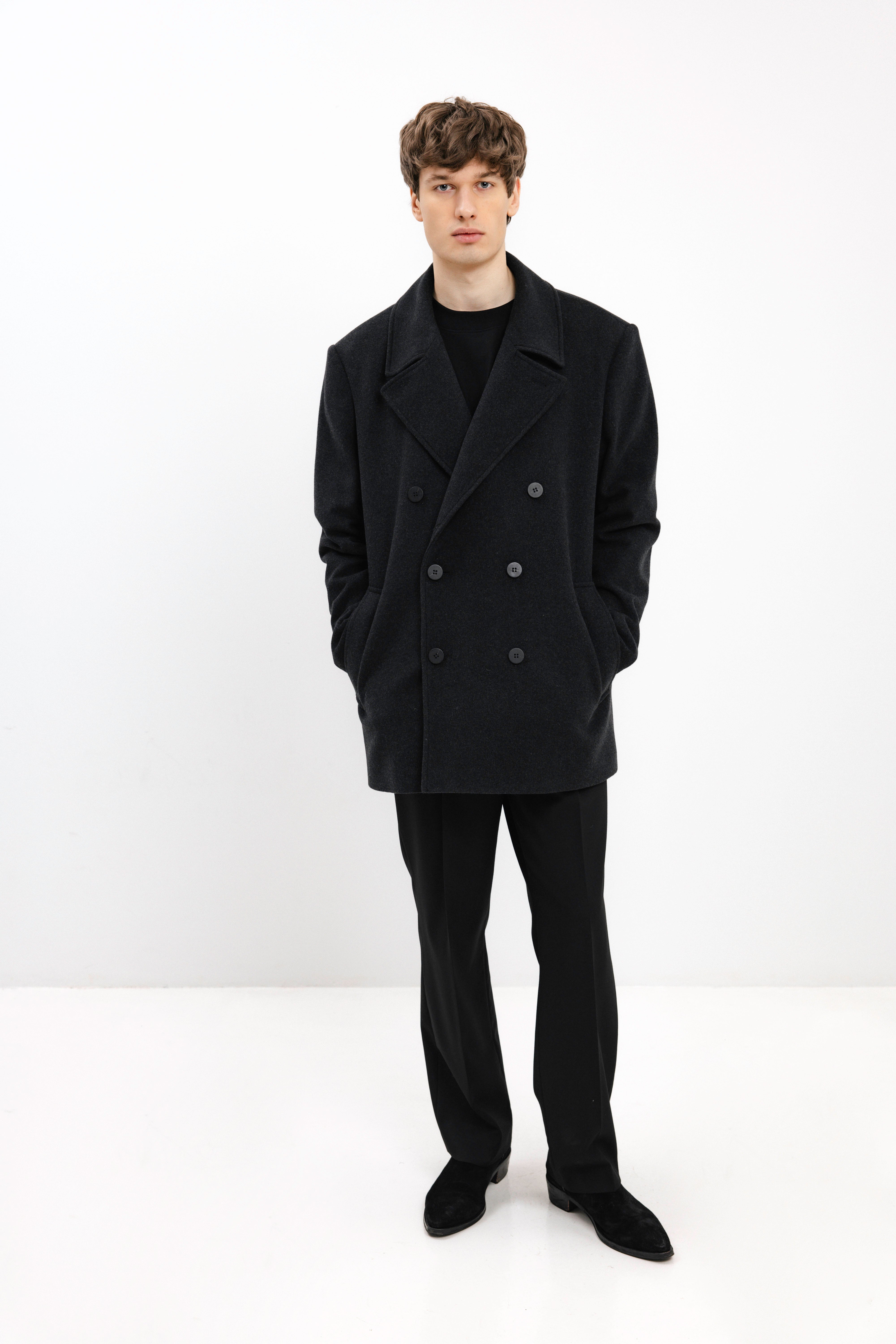 UNISEX ANTHRACITE DOUBLE-BREASTED WOOL COAT