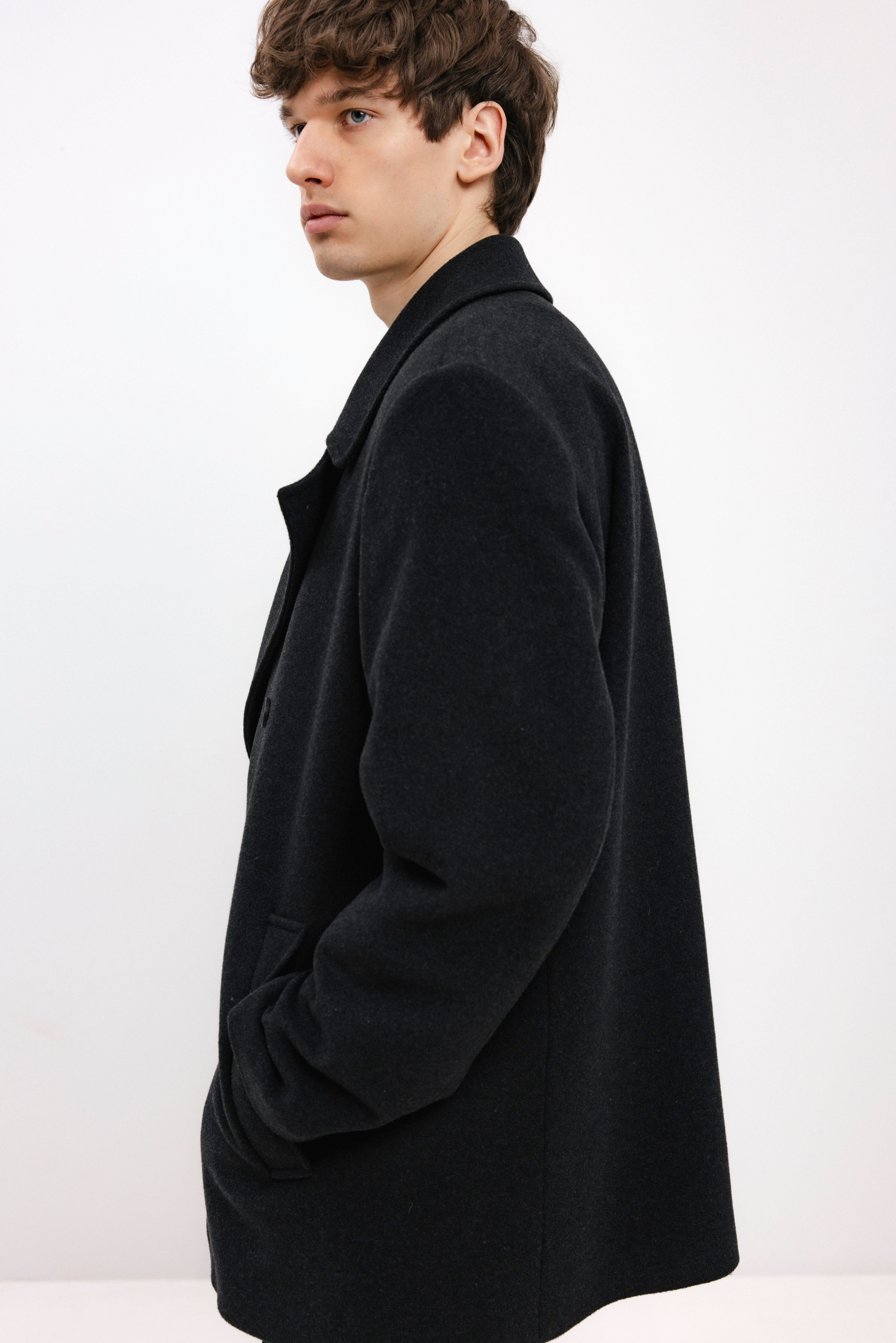 UNISEX ANTHRACITE DOUBLE-BREASTED WOOL COAT
