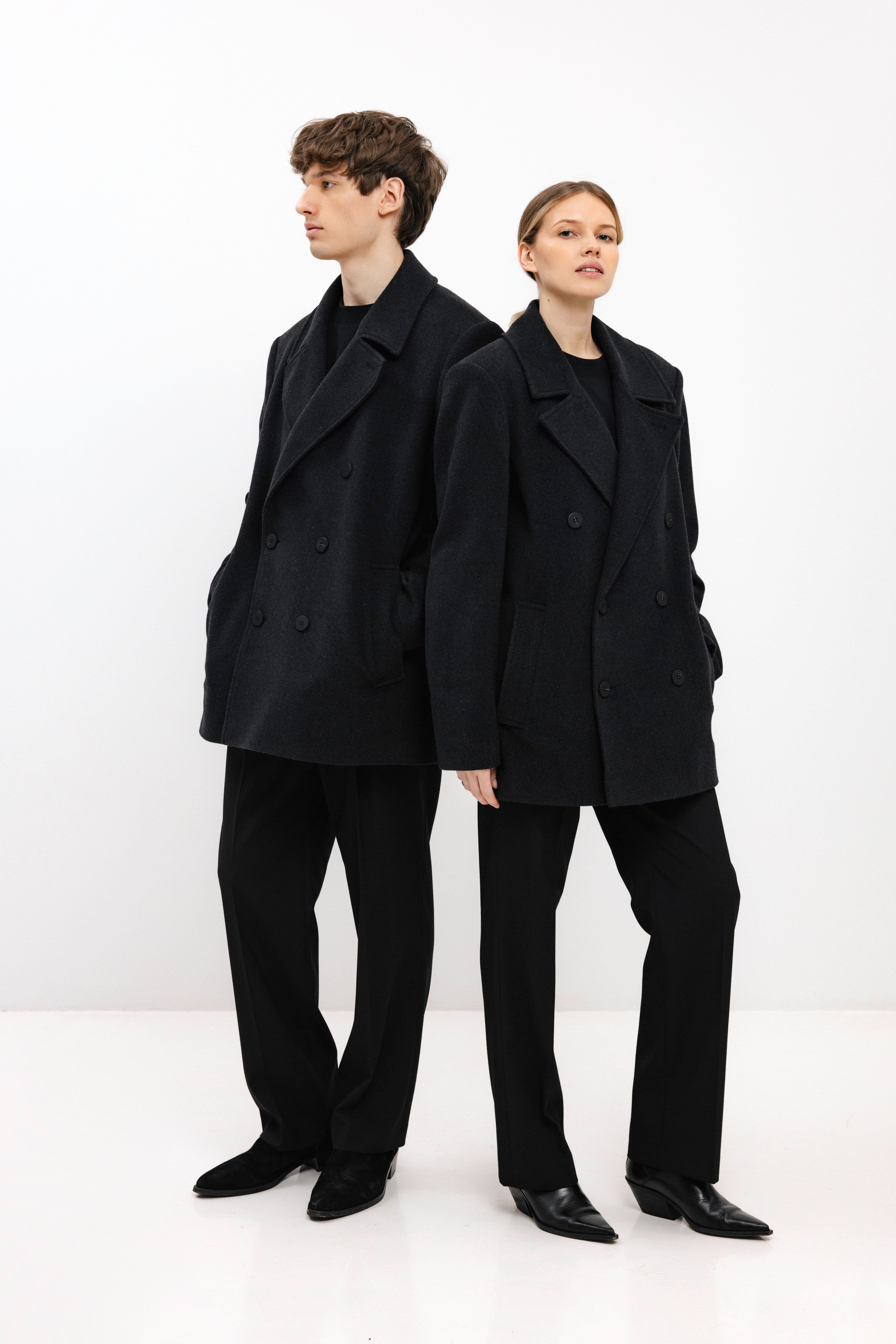 UNISEX ANTHRACITE DOUBLE-BREASTED WOOL COAT
