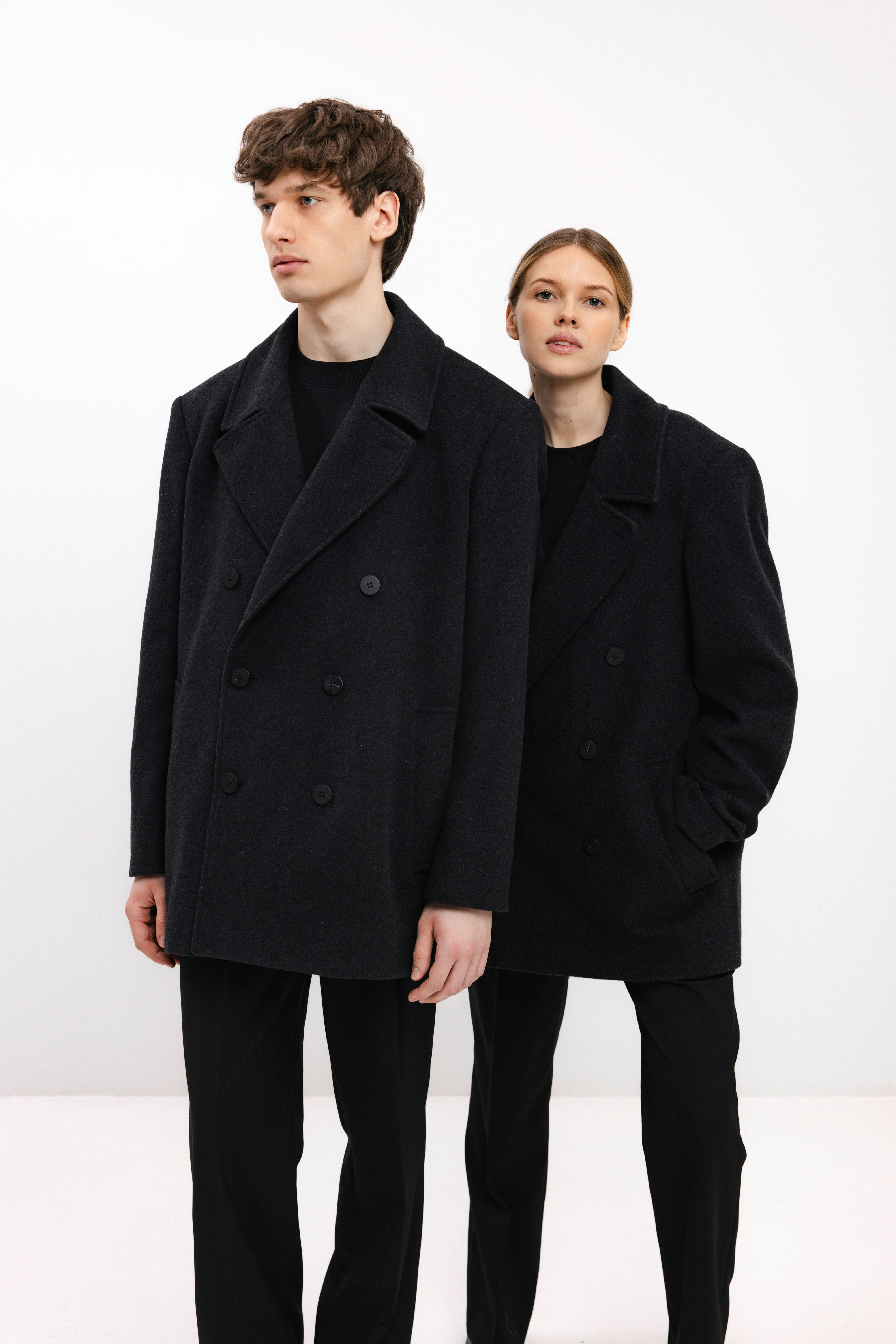 UNISEX ANTHRACITE DOUBLE-BREASTED WOOL COAT