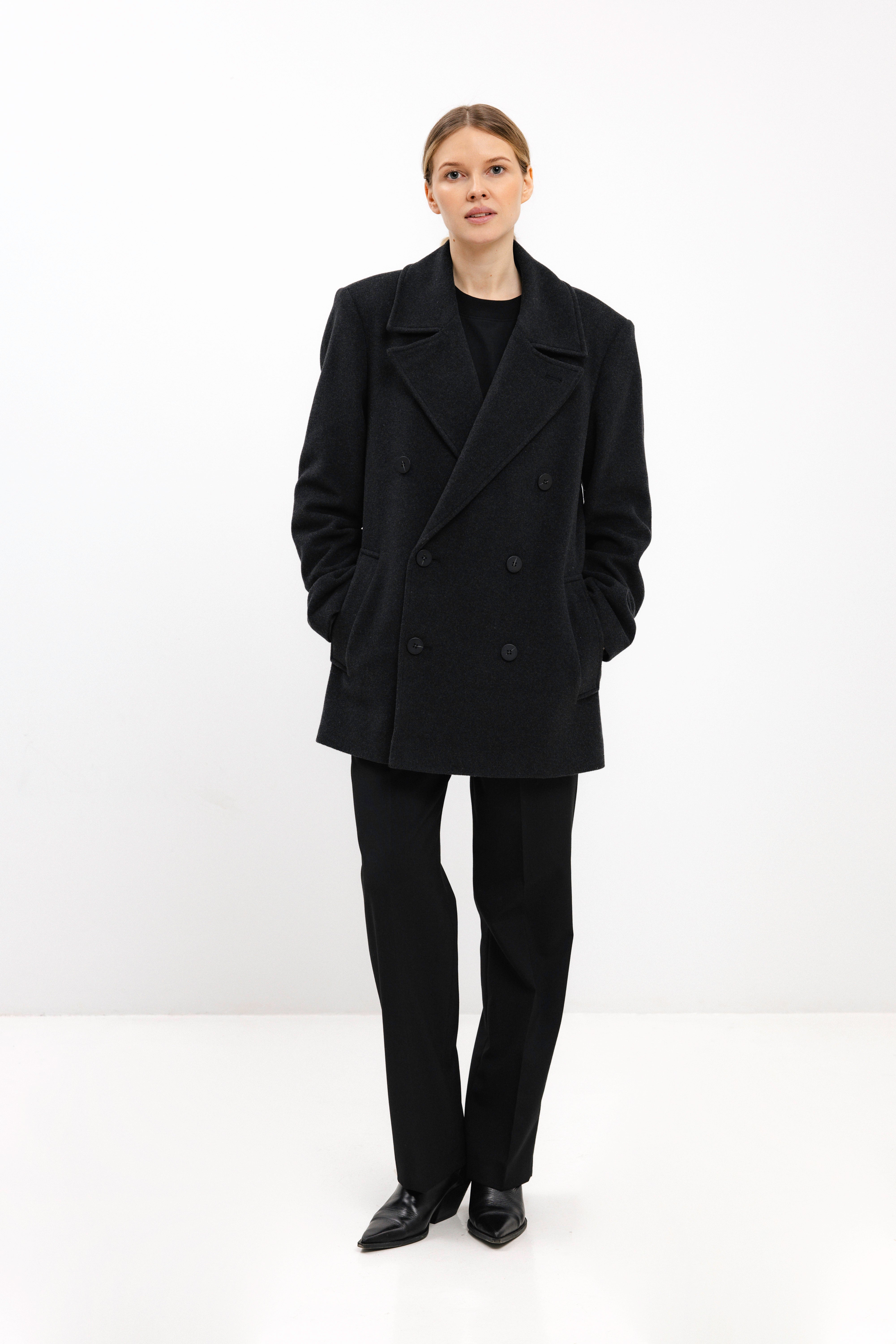 UNISEX ANTHRACITE DOUBLE-BREASTED WOOL COAT
