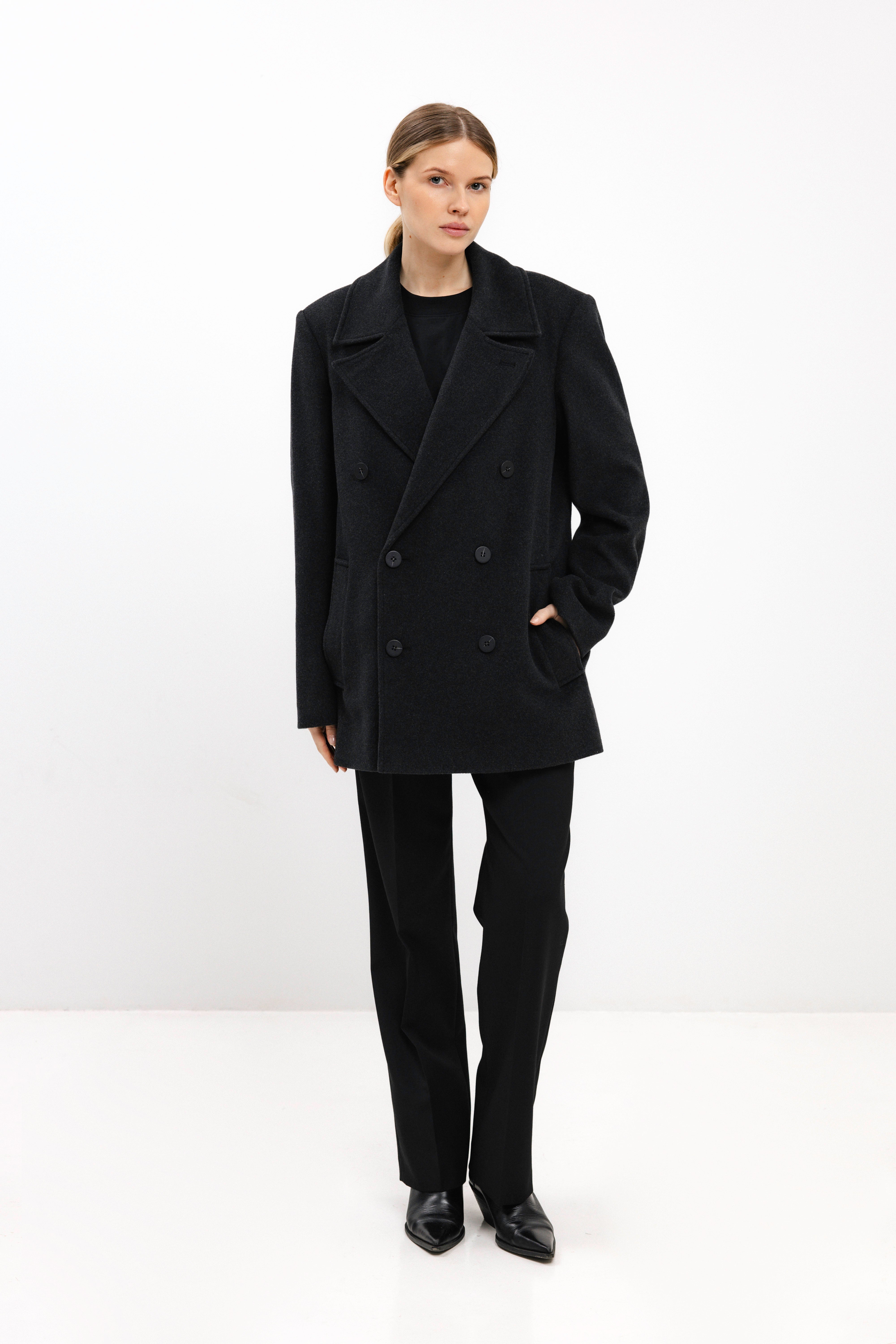 UNISEX ANTHRACITE DOUBLE-BREASTED WOOL COAT