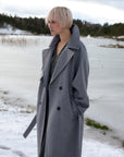 GREY DOUBLE-BREASTED COAT WITH BELT