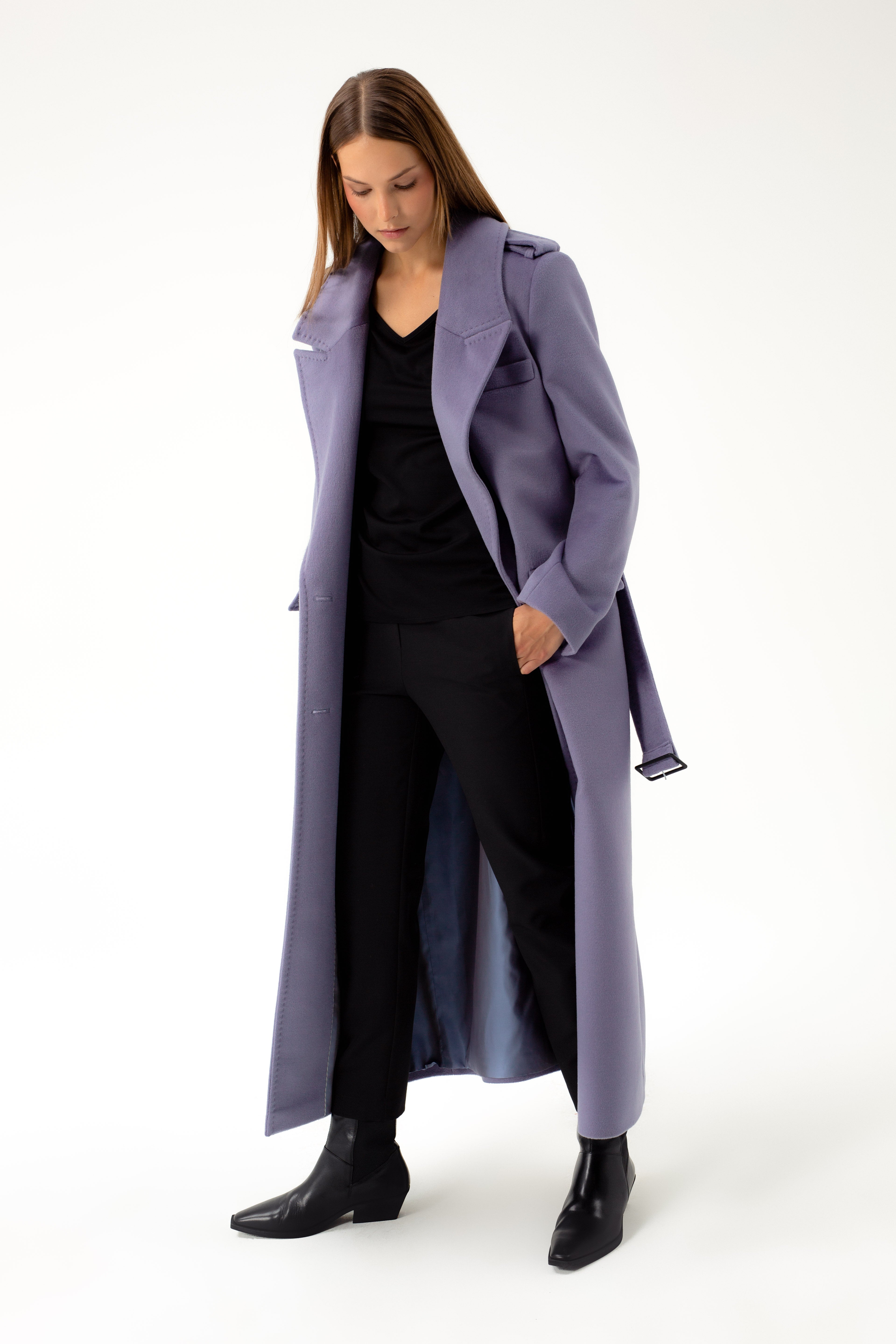 LONG DOUBLE-BREASTED WOOL COAT WITH BELT