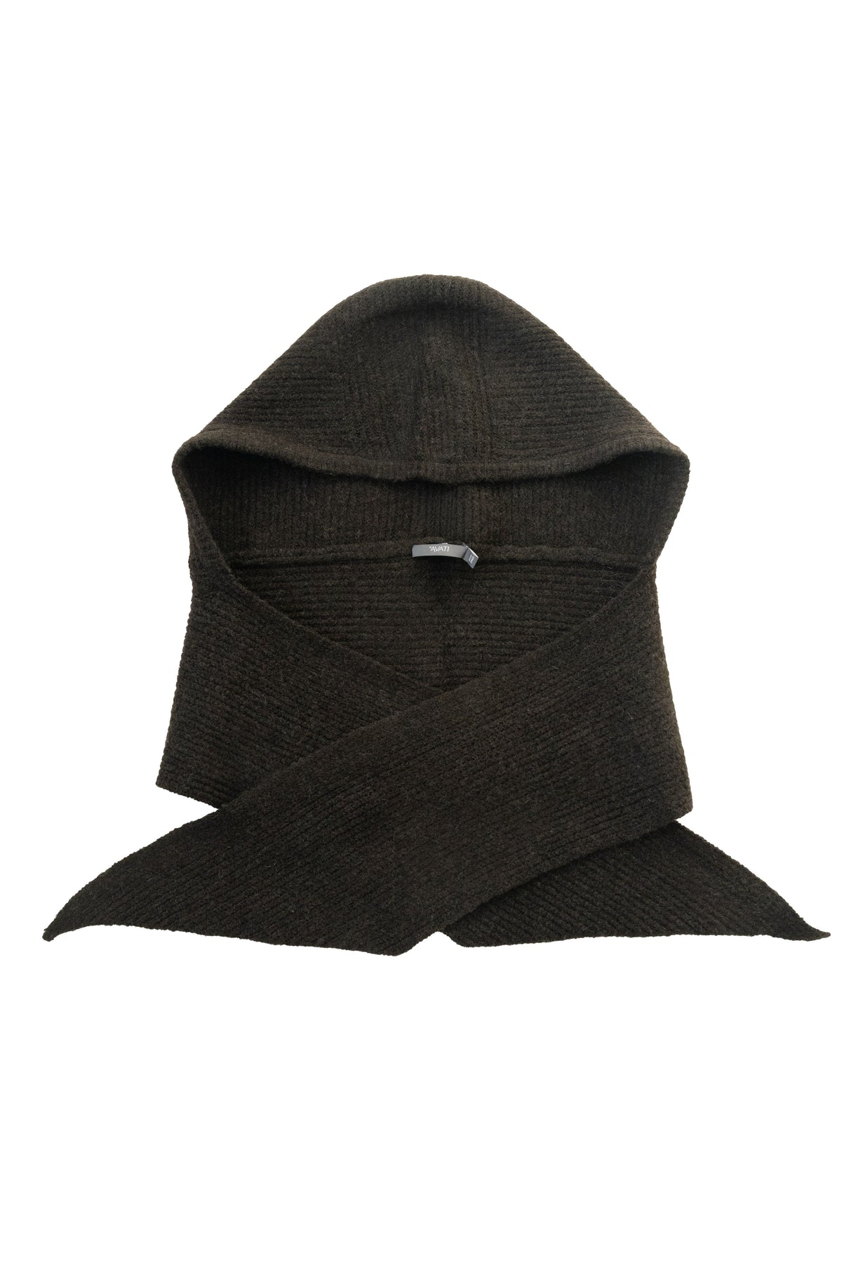 Dunkelbrauner gestrickter Schal mit Kapuze