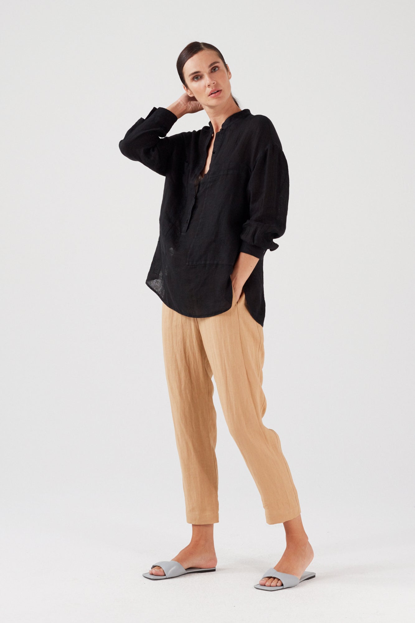 knee length dresses for ladies PURE LINEN COLLARLESS SHIRT BLACK – InAvati