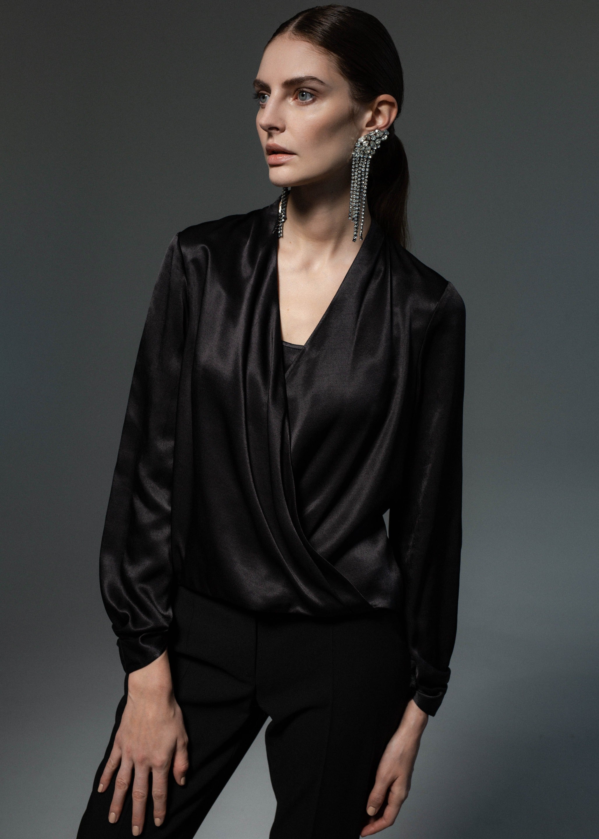 Viscose blouse with crossover front Black