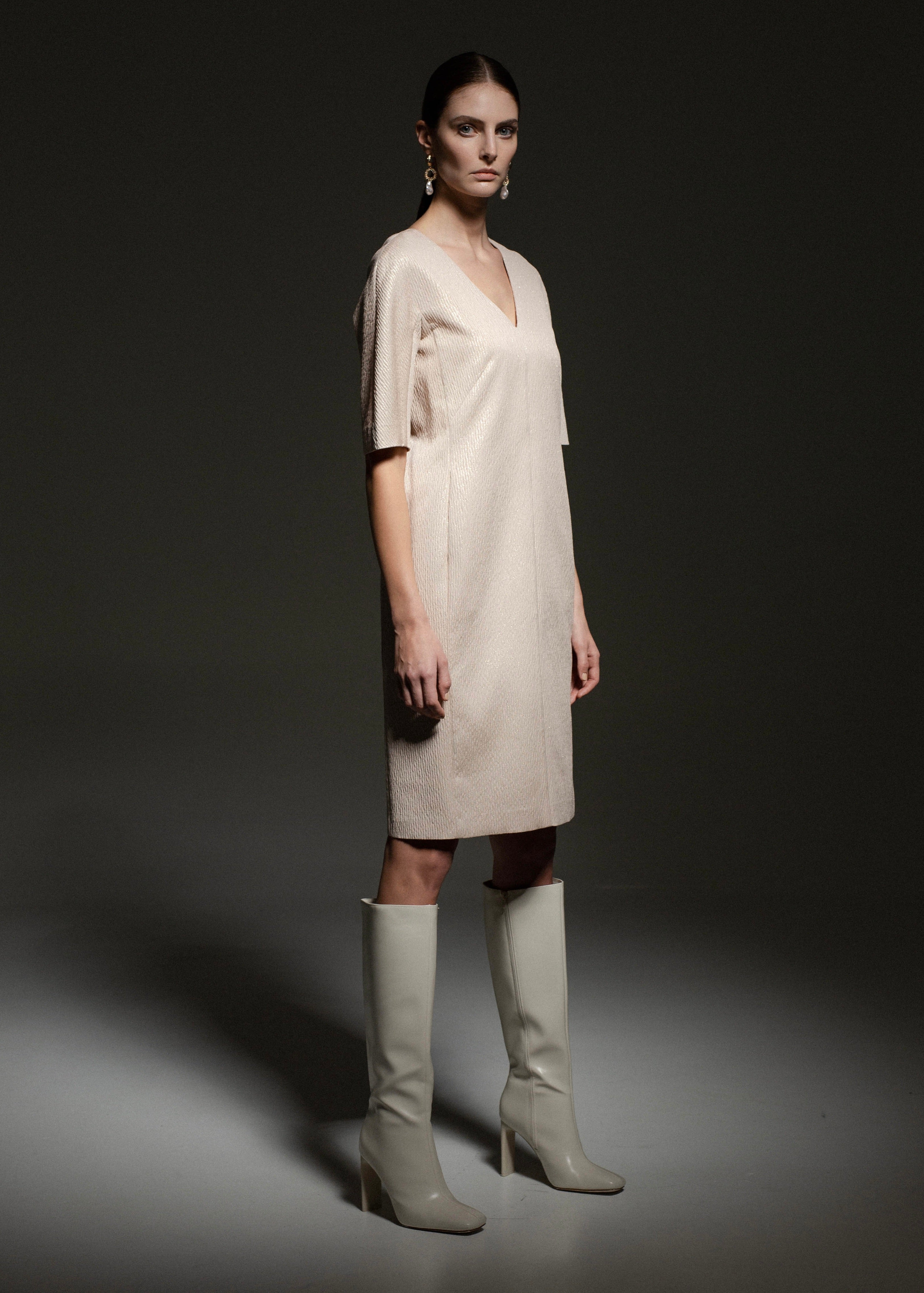 SLIGHTLY FITTED SHINY DRESS WITH V SHAPE NECKLINE